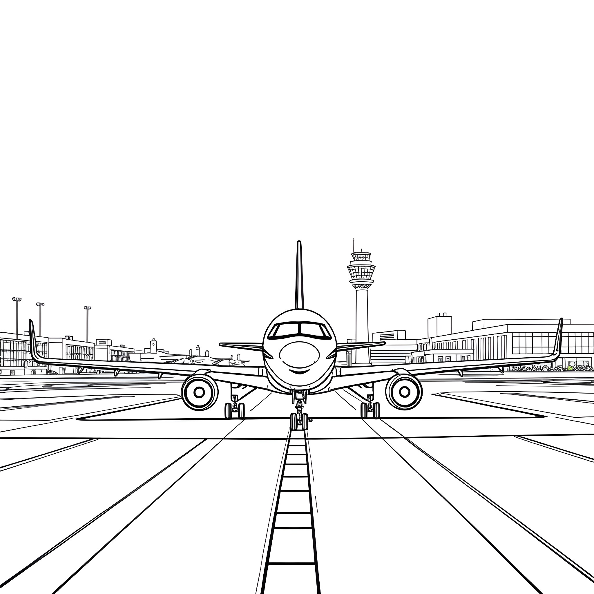 Aeroplane taking off from airport runway Coloring Page (free black-and-white line drawing printable PDF for all, from beginners to advanced learners, including children, teens, adults, and seniors)