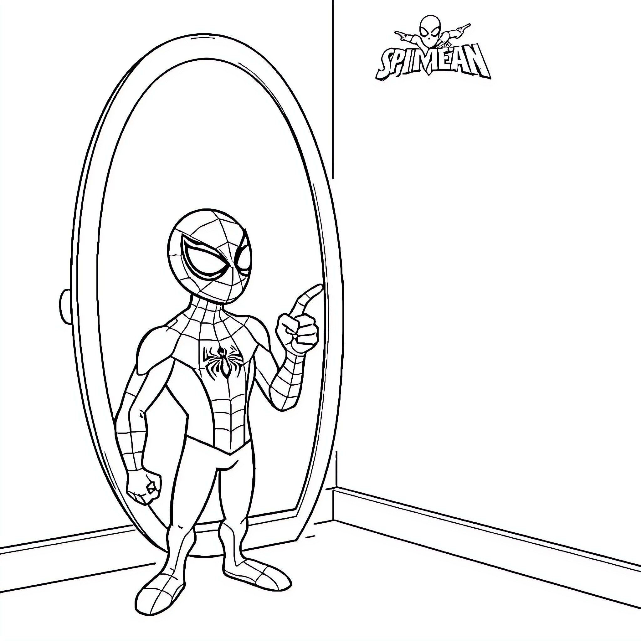 Spiderman checking his costume in the mirror Coloring Page (free black-and-white line drawing printable PDF for all, from beginners to advanced learners, including children, teens, adults, and seniors)