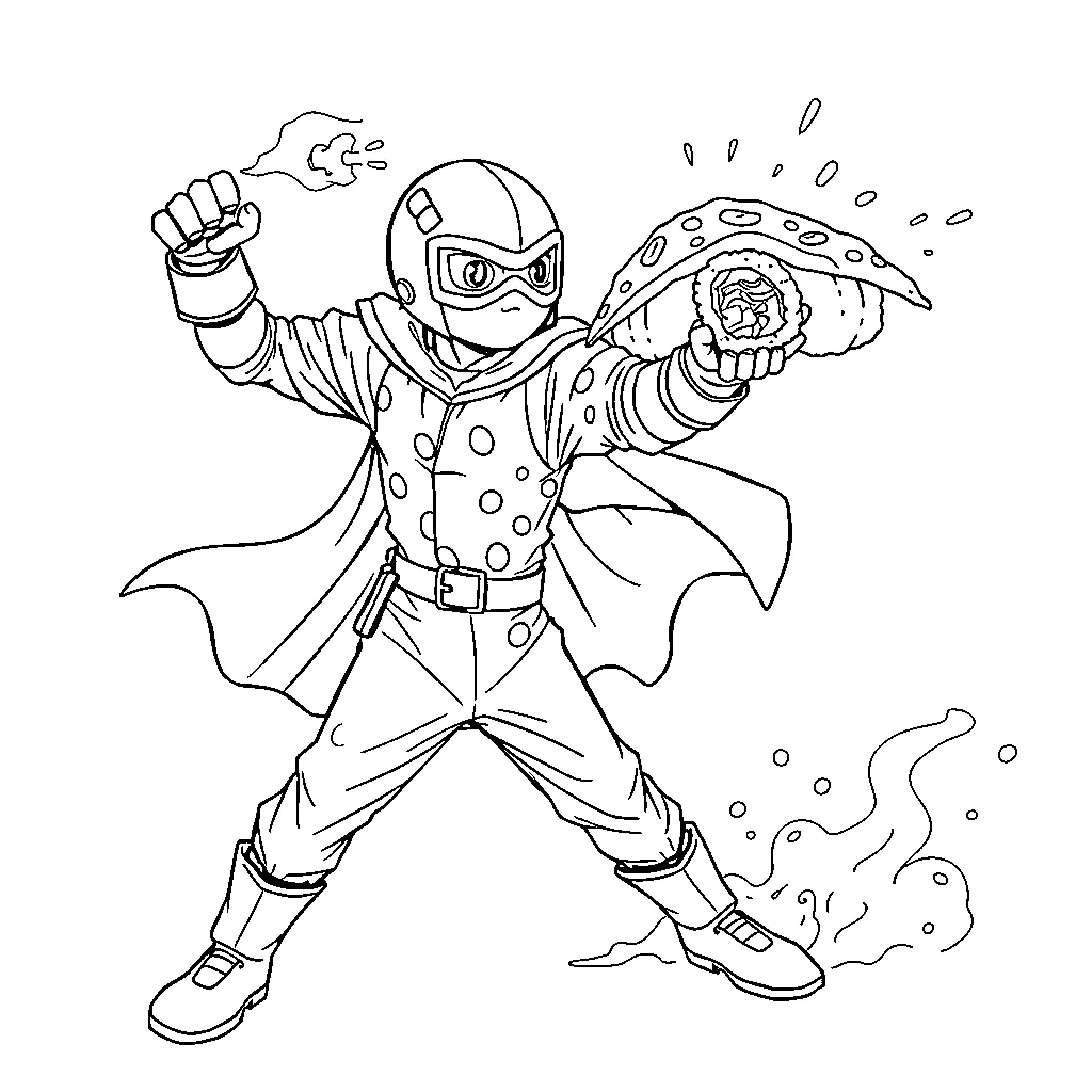 Sushi Superhero Poses with Energy Blast Coloring Page (free black-and-white line drawing printable PDF for all, from beginners to advanced learners, including children, teens, adults, and seniors)