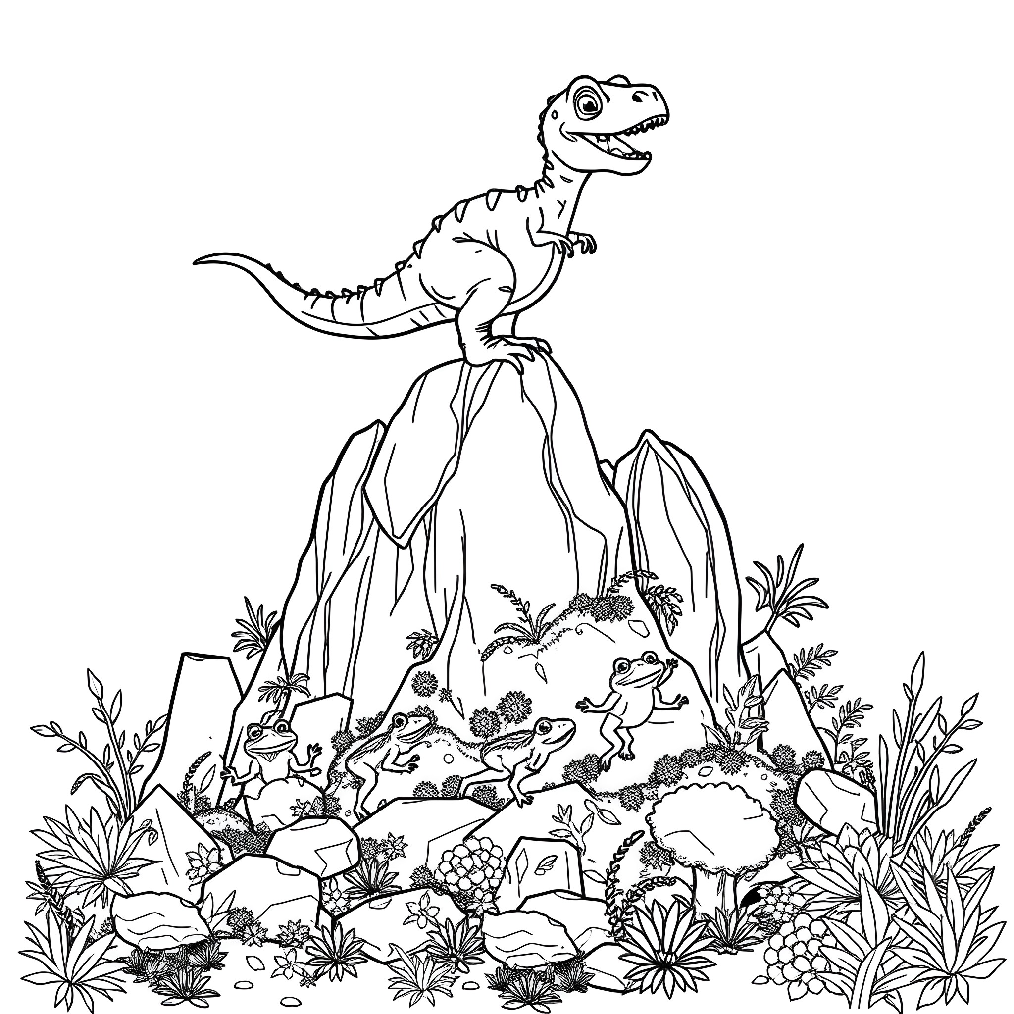 Dinosaur exploring lush prehistoric landscape Coloring Page (free black-and-white line drawing printable PDF for all, from beginners to advanced learners, including children, teens, adults, and seniors)