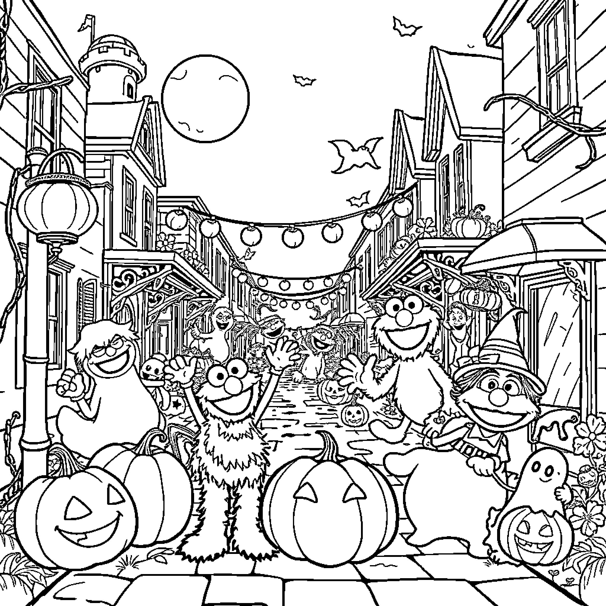 Sesame Street Characters Celebrate Halloween in the City Coloring Page (free black-and-white line drawing printable PDF for all, from beginners to advanced learners, including children, teens, adults, and seniors)