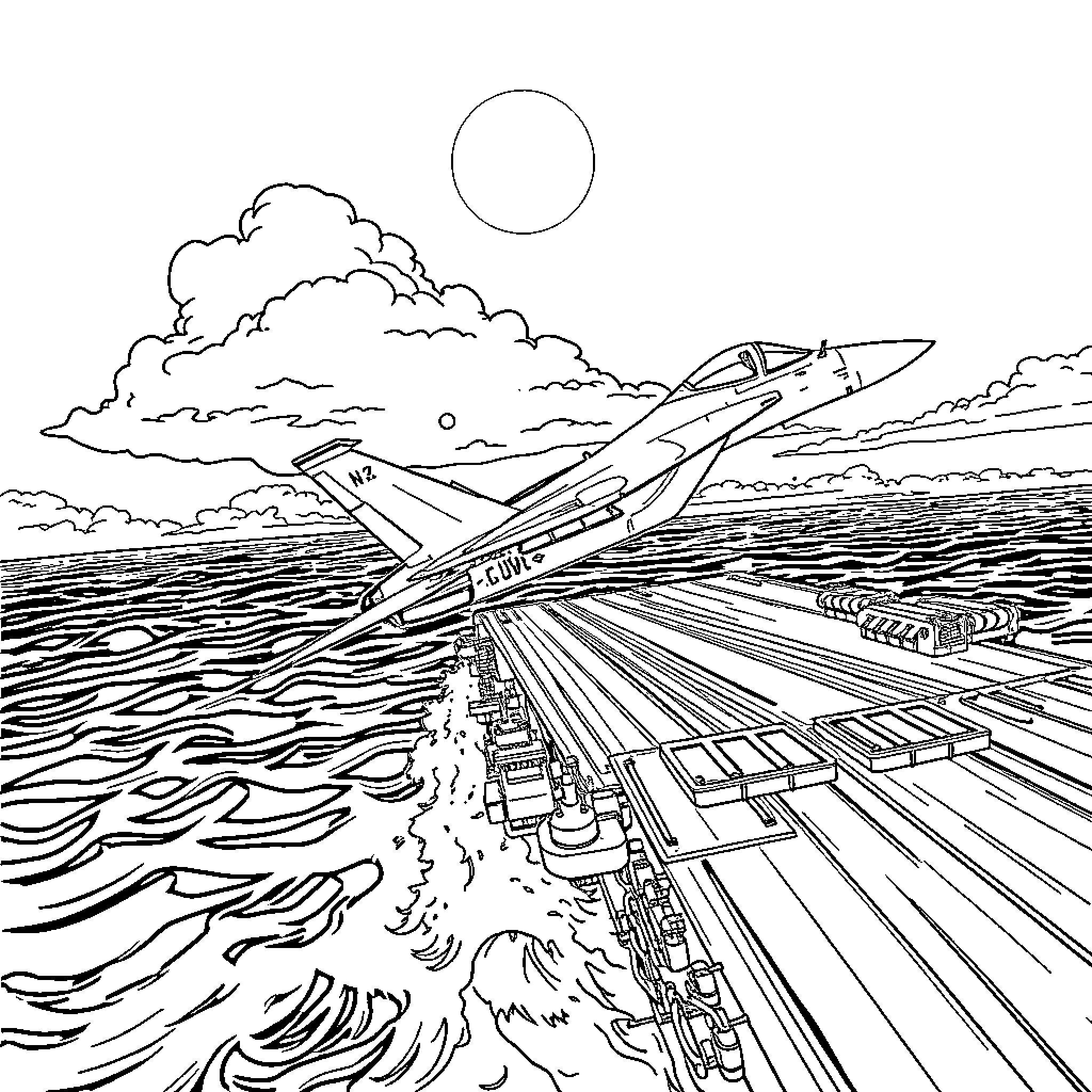F-18 fighter jet soaring above stormy sea Coloring Page (free black-and-white line drawing printable PDF for all, from beginners to advanced learners, including children, teens, adults, and seniors)
