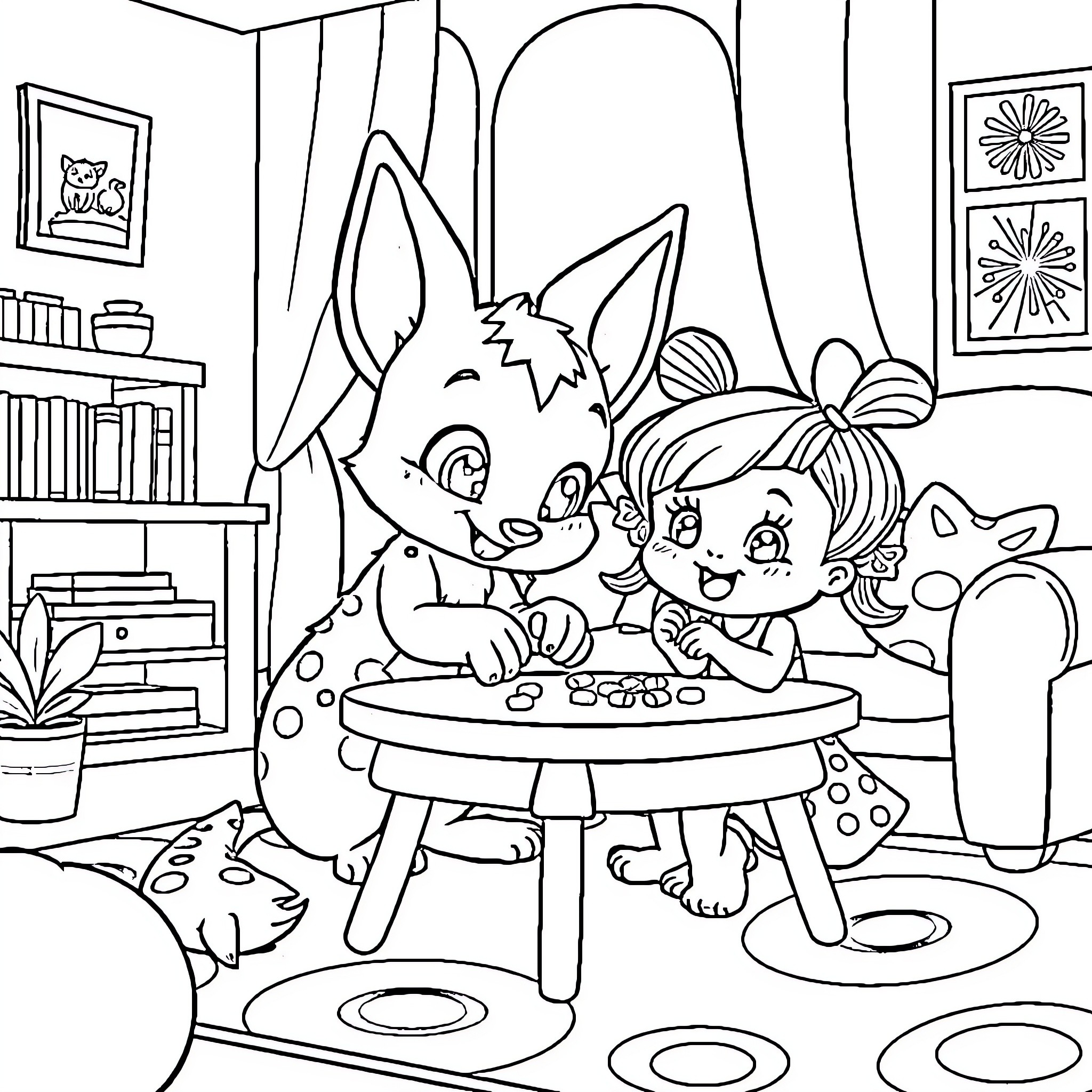 Bluey and Friends Enjoying a Playful Gathering Coloring Page (free black-and-white line drawing printable PDF for all, from beginners to advanced learners, including children, teens, adults, and seniors)