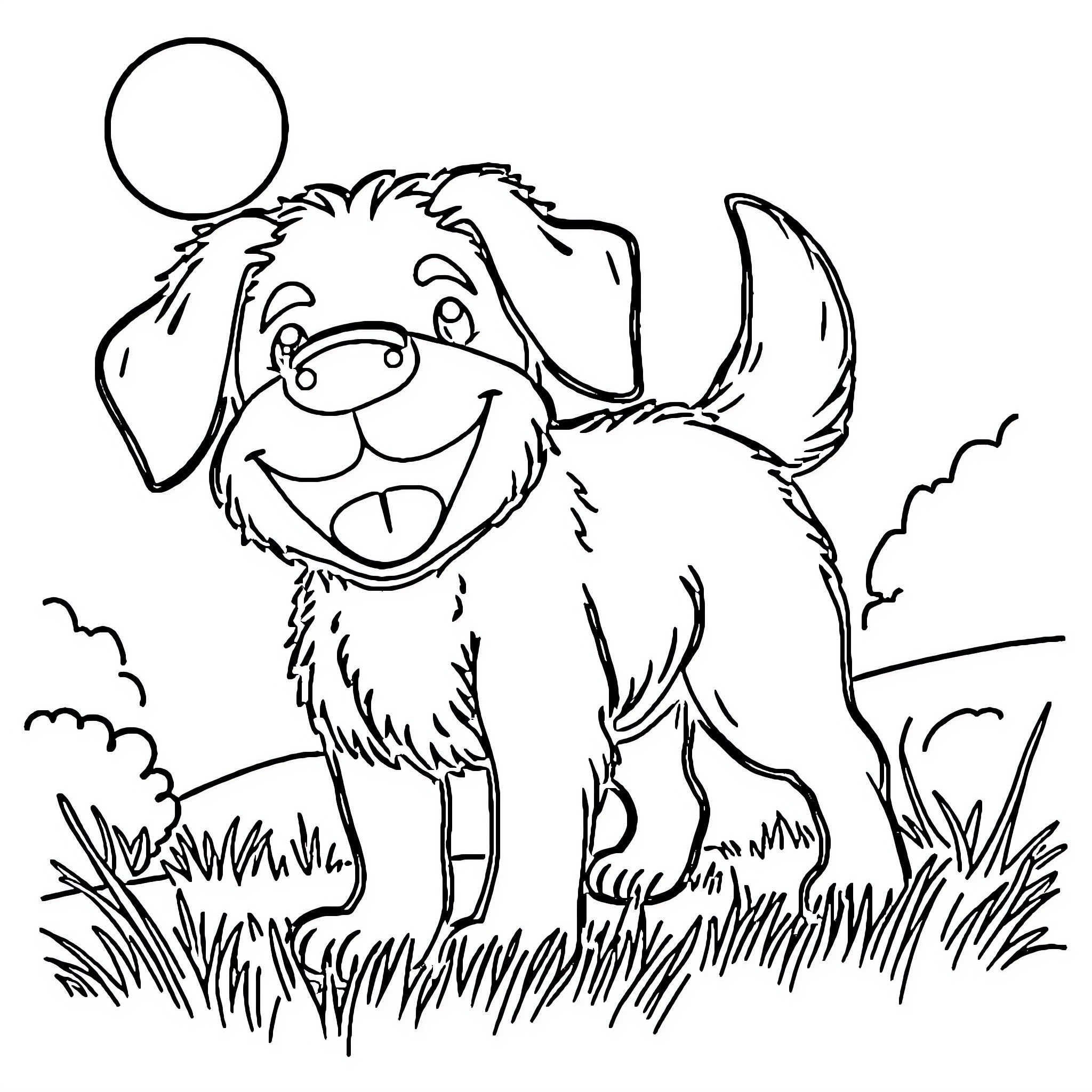 Dog playing with a ball in the grass Coloring Page (free black-and-white line drawing printable PDF for all, from beginners to advanced learners, including children, teens, adults, and seniors)