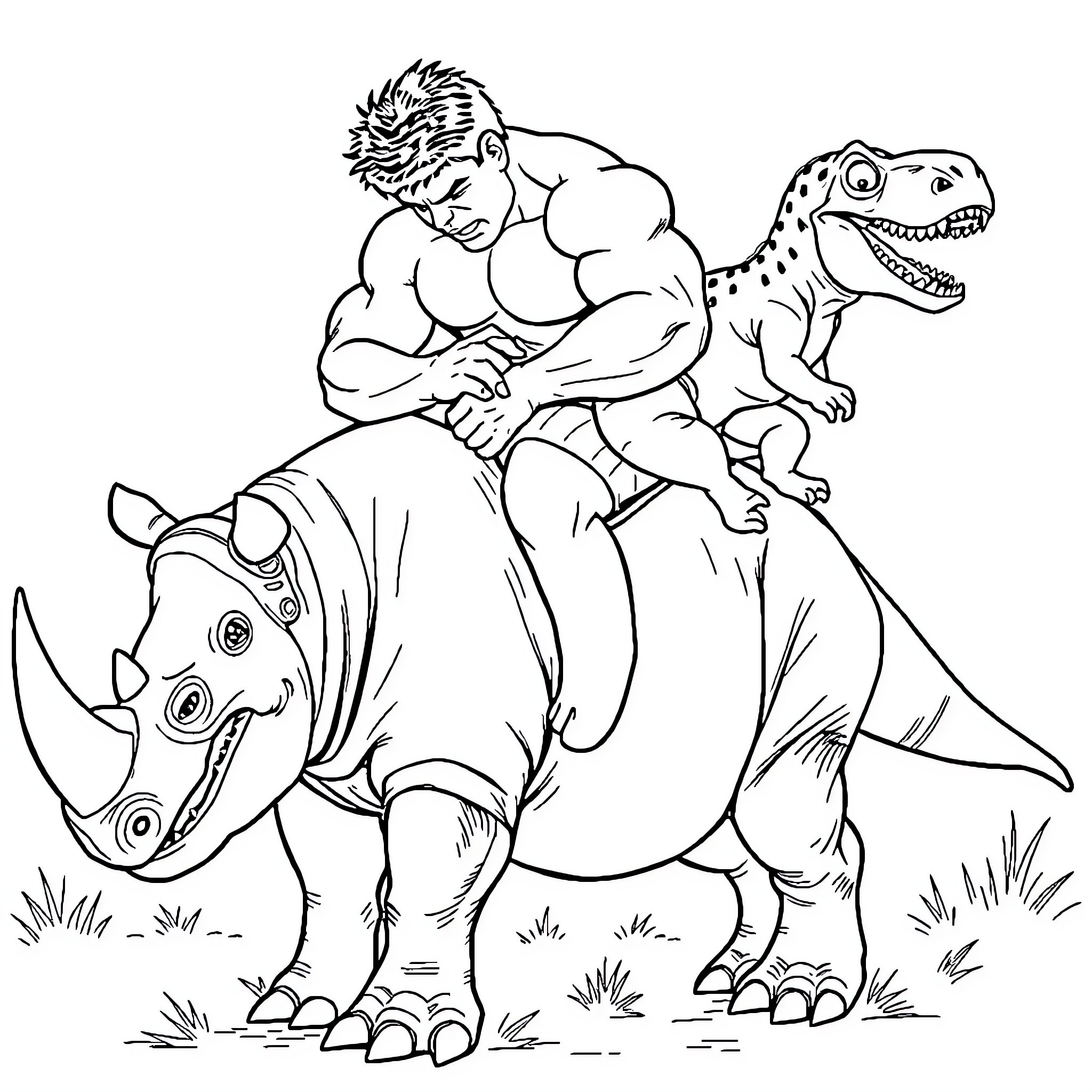 Hulk Riding a Fearsome Rhinoceros Alongside a Dinosaur Coloring Page (free black-and-white line drawing printable PDF for all, from beginners to advanced learners, including children, teens, adults, and seniors)