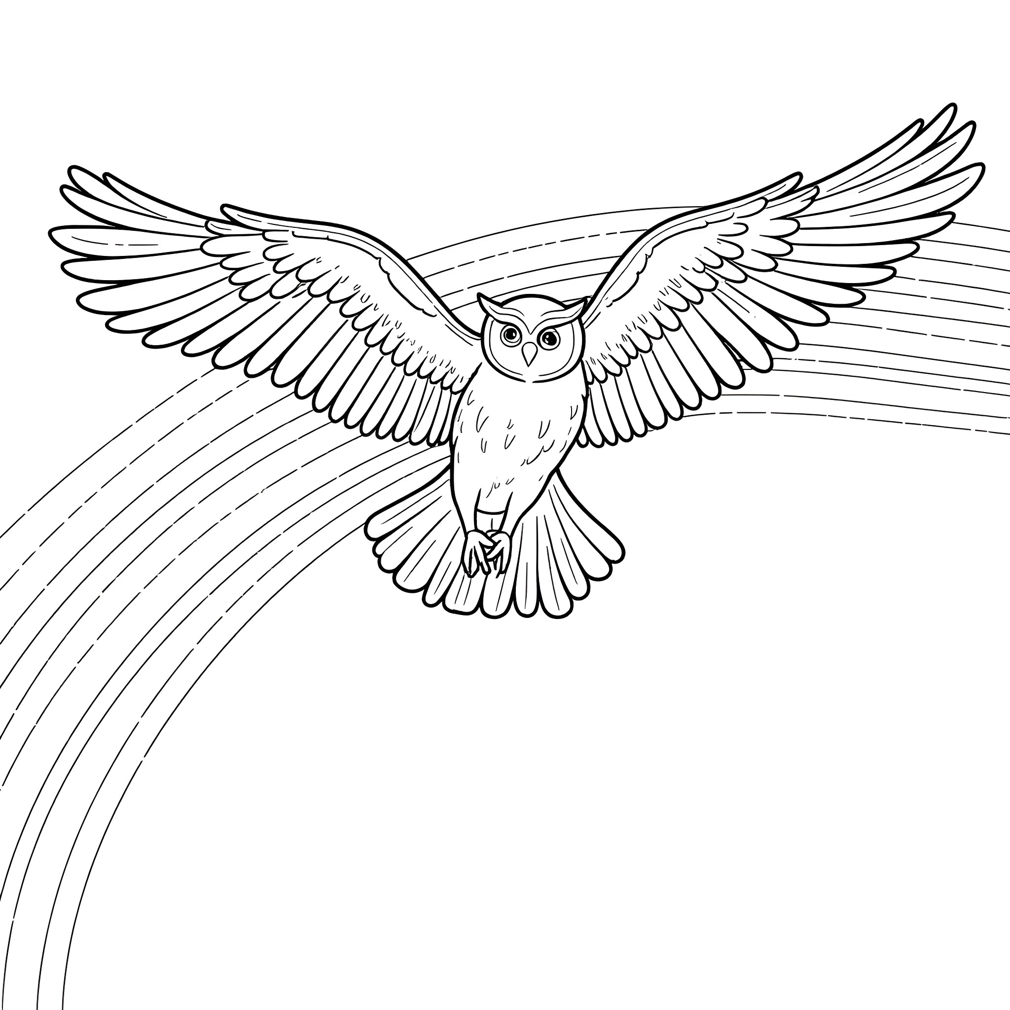 Owl soaring with outstretched wings Coloring Page (free black-and-white line drawing printable PDF for all, from beginners to advanced learners, including children, teens, adults, and seniors)