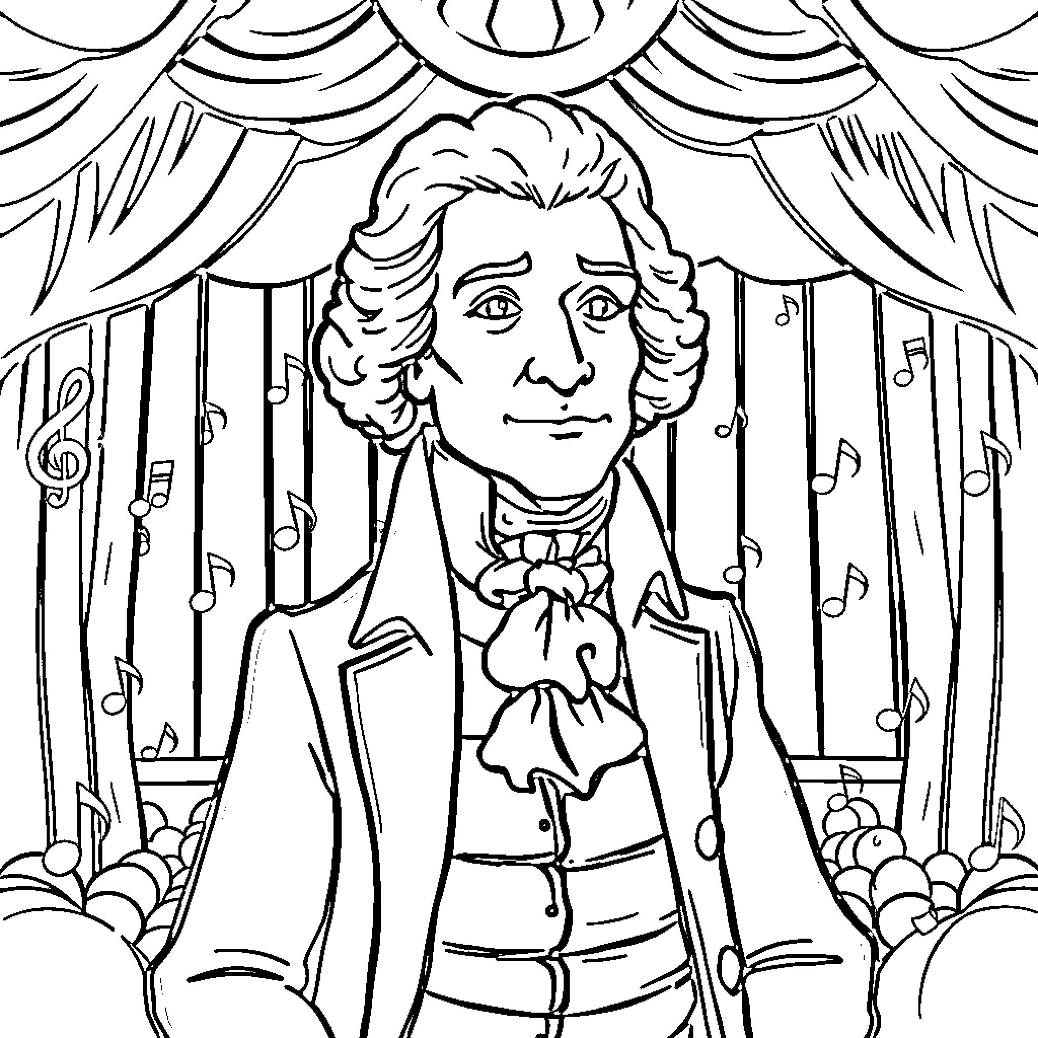 Thomas Jefferson Performing on the Stage Coloring Page (free black-and-white line drawing printable PDF for all, from beginners to advanced learners, including children, teens, adults, and seniors)