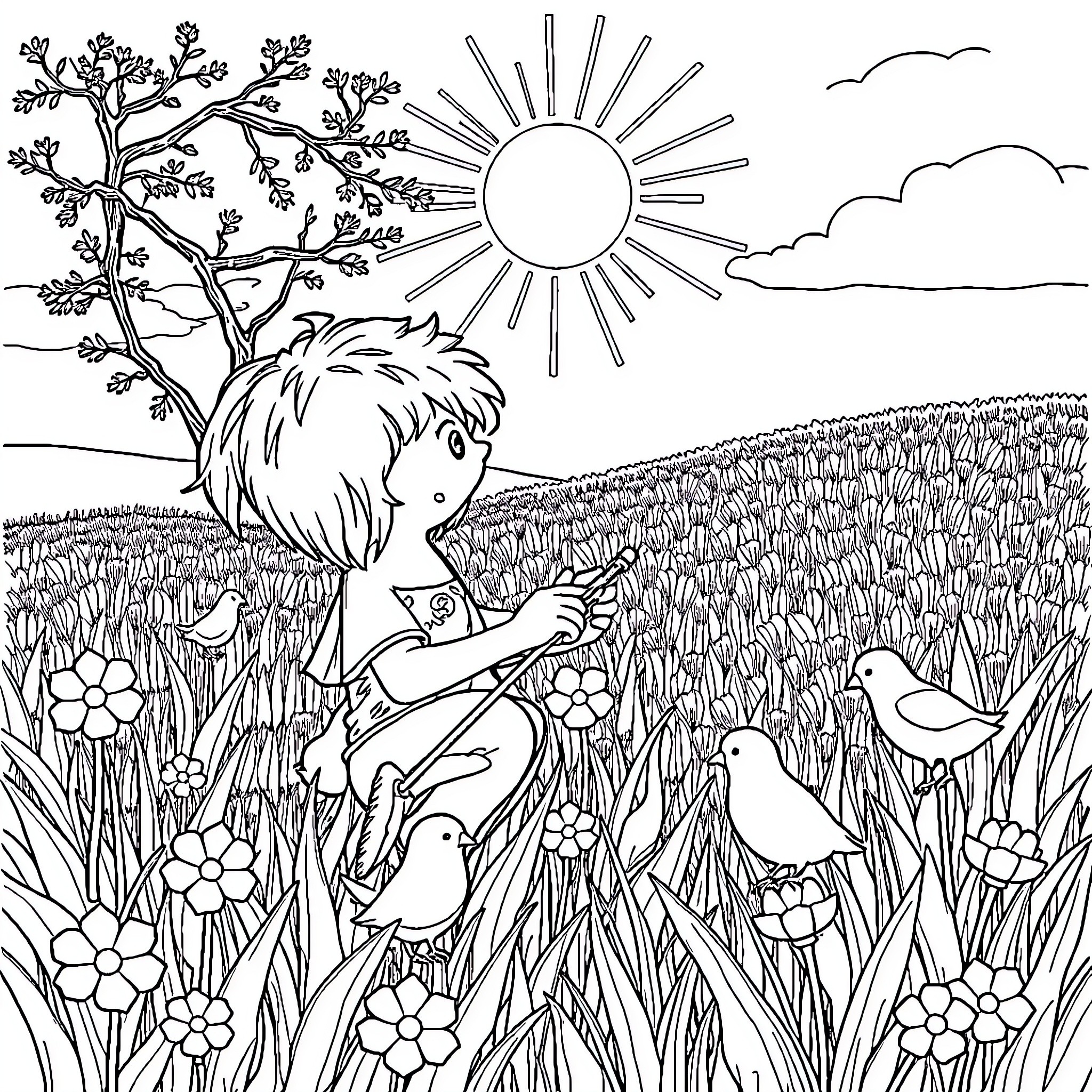 Shepherd Observing Birds and Flowers in the Meadow Coloring Page (free black-and-white line drawing printable PDF for all, from beginners to advanced learners, including children, teens, adults, and seniors)