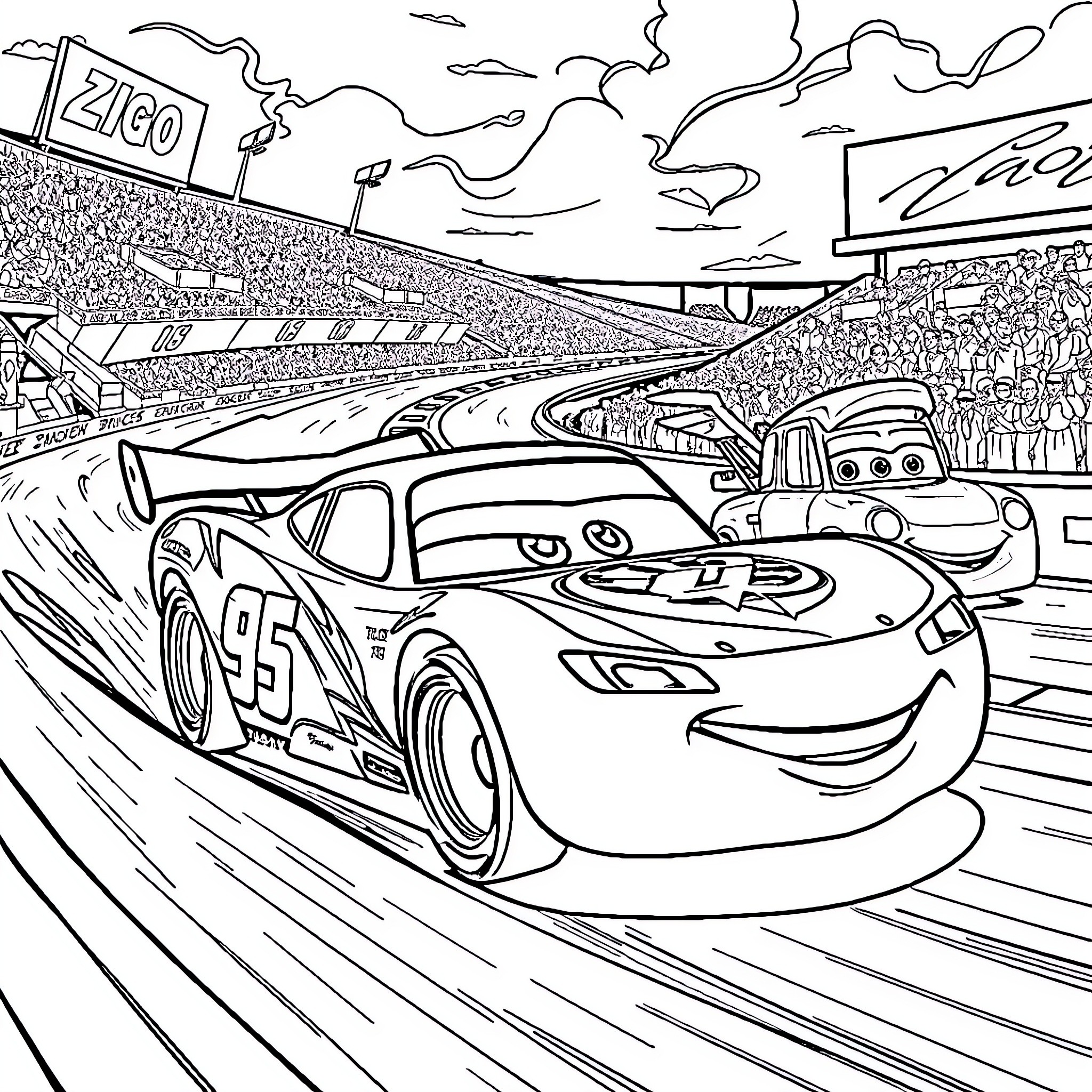 Car Racing Scene with Fans in the Stands Coloring Page (free black-and-white line drawing printable PDF for all, from beginners to advanced learners, including children, teens, adults, and seniors)