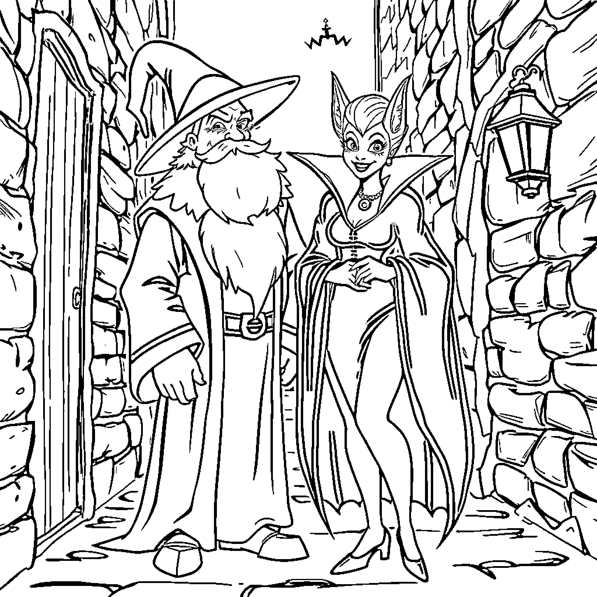 Gargamel and Smurfette in the Enchanted Forest Coloring Page (free black-and-white line drawing printable PDF for all, from beginners to advanced learners, including children, teens, adults, and seniors)