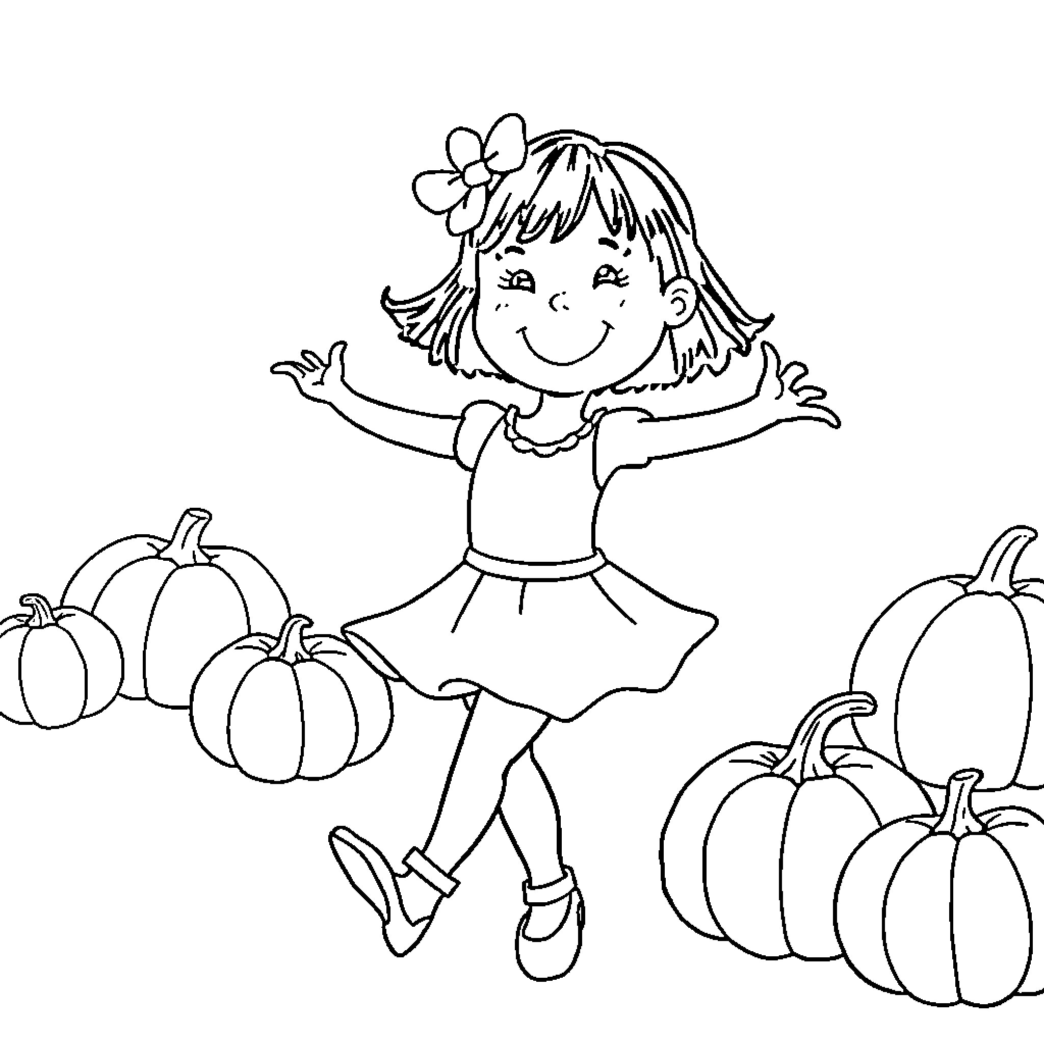 Ramona jumping with joy among pumpkins Coloring Page (free black-and-white line drawing printable PDF for all, from beginners to advanced learners, including children, teens, adults, and seniors)