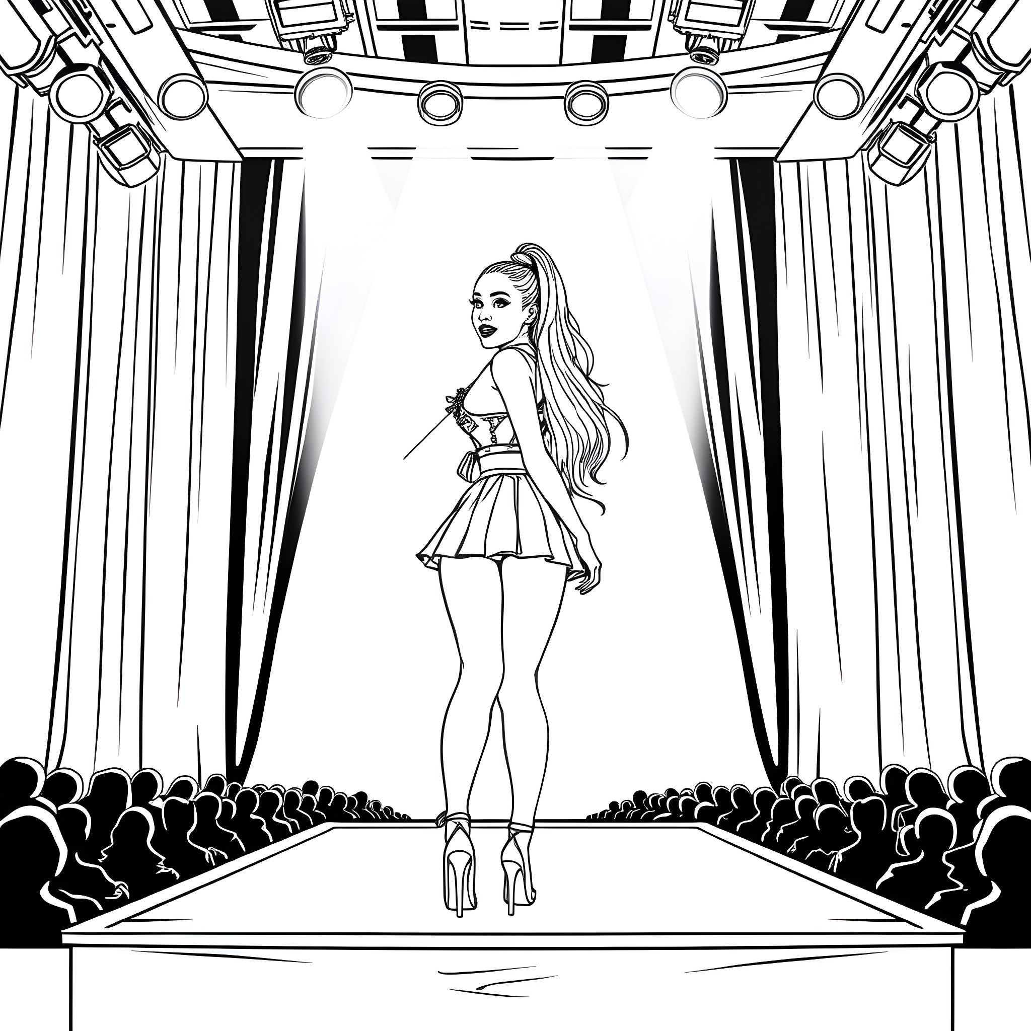 Ariana Grande Performing on Stage with Crowd Coloring Page (free black-and-white line drawing printable PDF for all, from beginners to advanced learners, including children, teens, adults, and seniors)