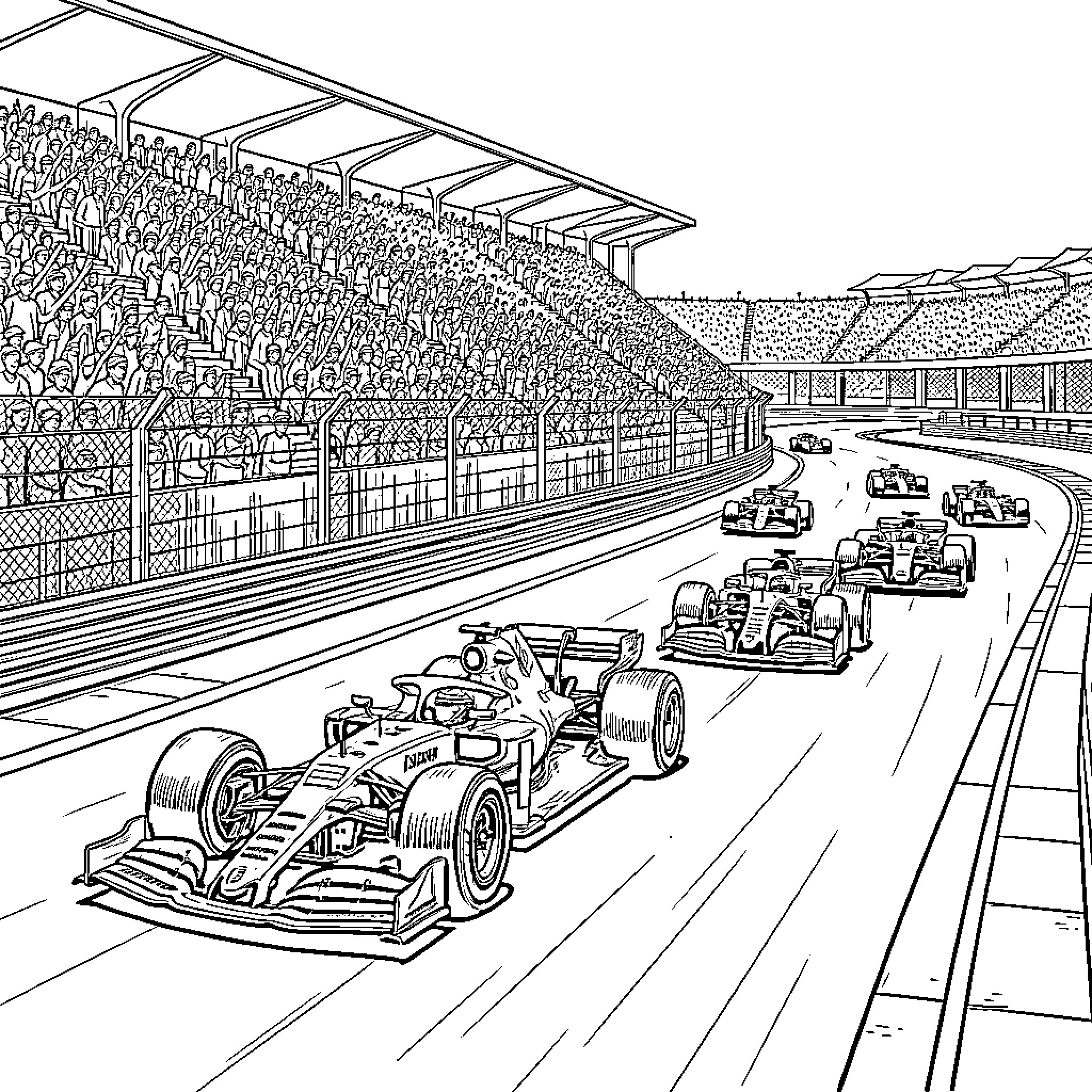 Formula 1 Race Cars Speeding on the Track Coloring Page (free black-and-white line drawing printable PDF for all, from beginners to advanced learners, including children, teens, adults, and seniors)