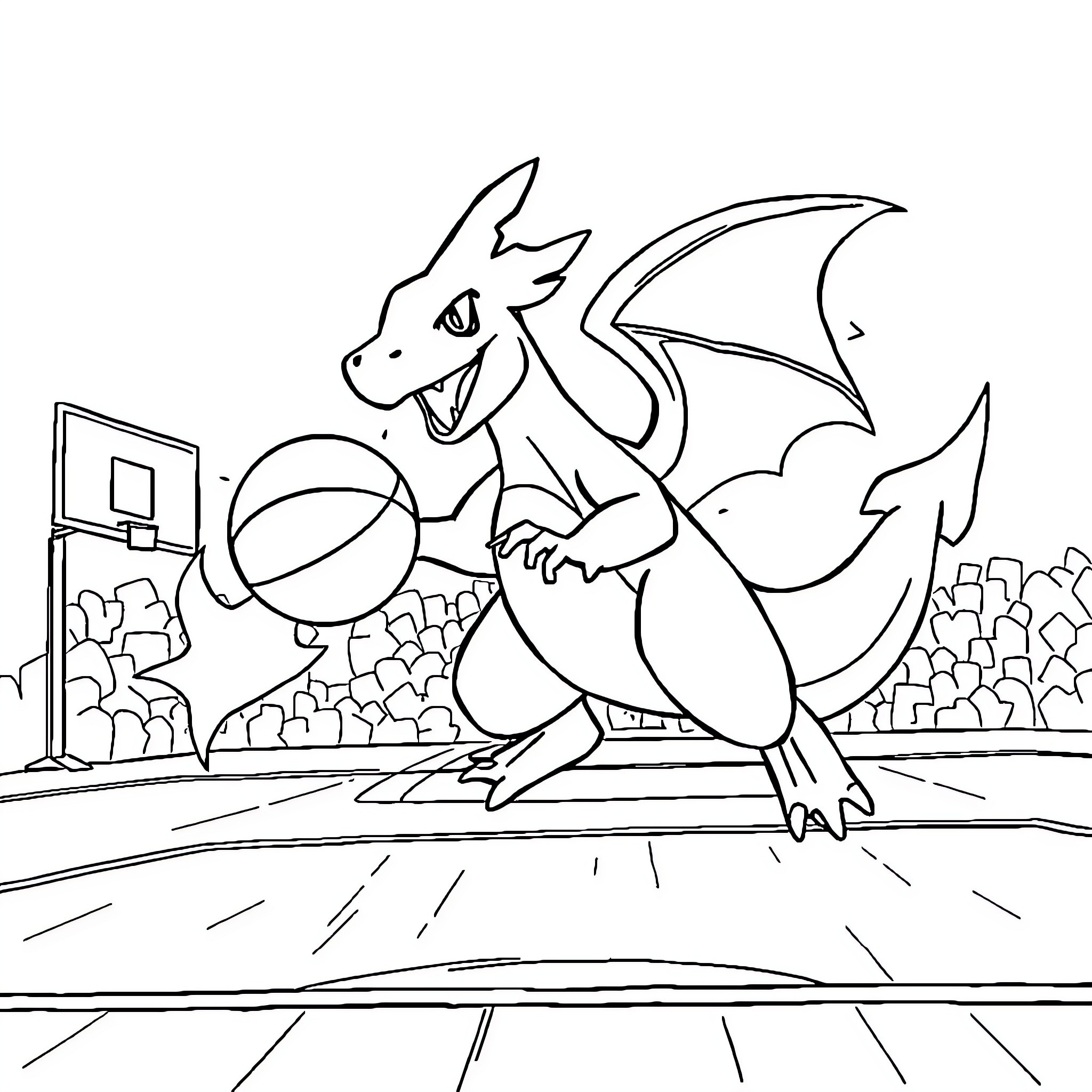 Charizard playing basketball on the court Coloring Page (free black-and-white line drawing printable PDF for all, from beginners to advanced learners, including children, teens, adults, and seniors)