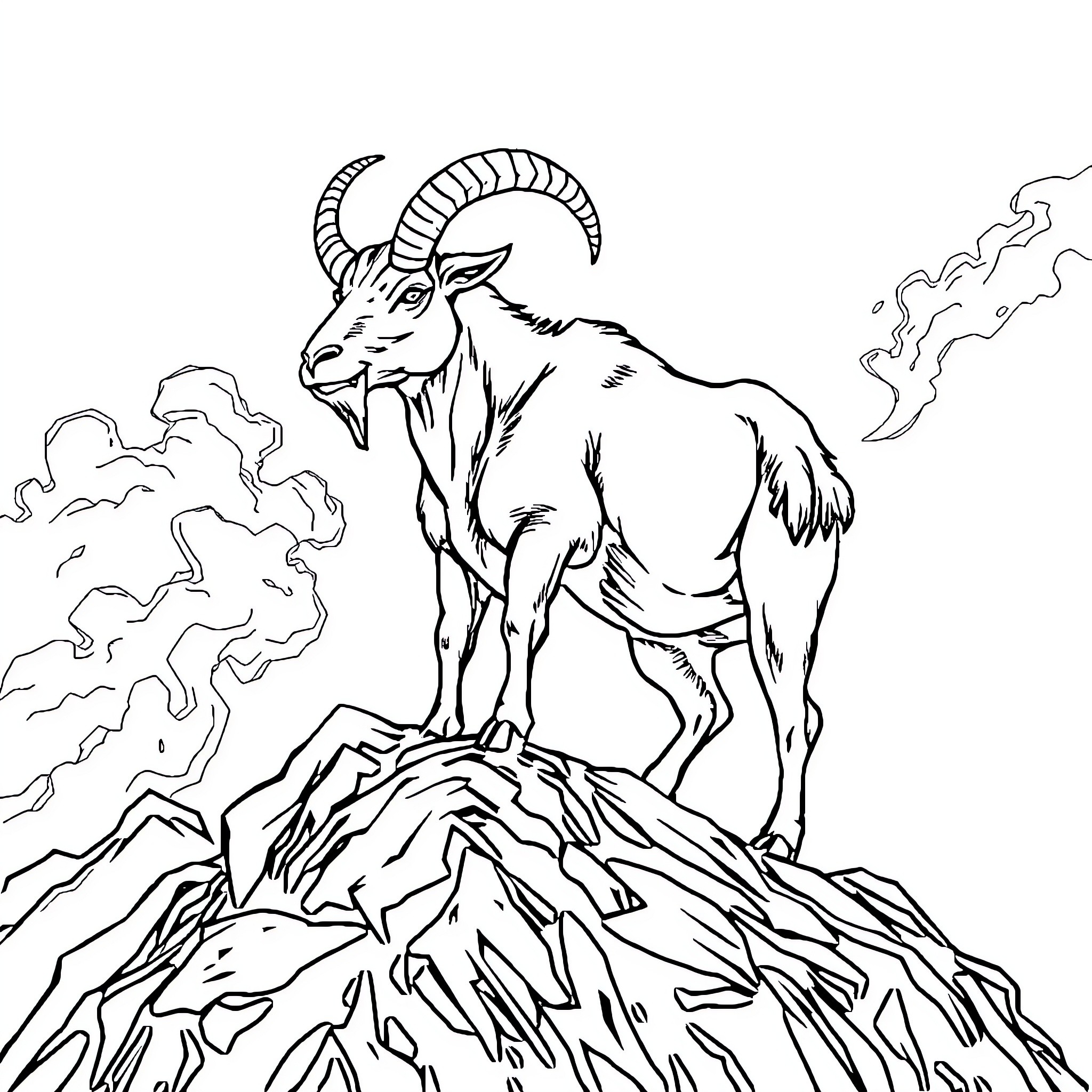 Goat standing on rocky mountain peak Coloring Page (free black-and-white line drawing printable PDF for all, from beginners to advanced learners, including children, teens, adults, and seniors)