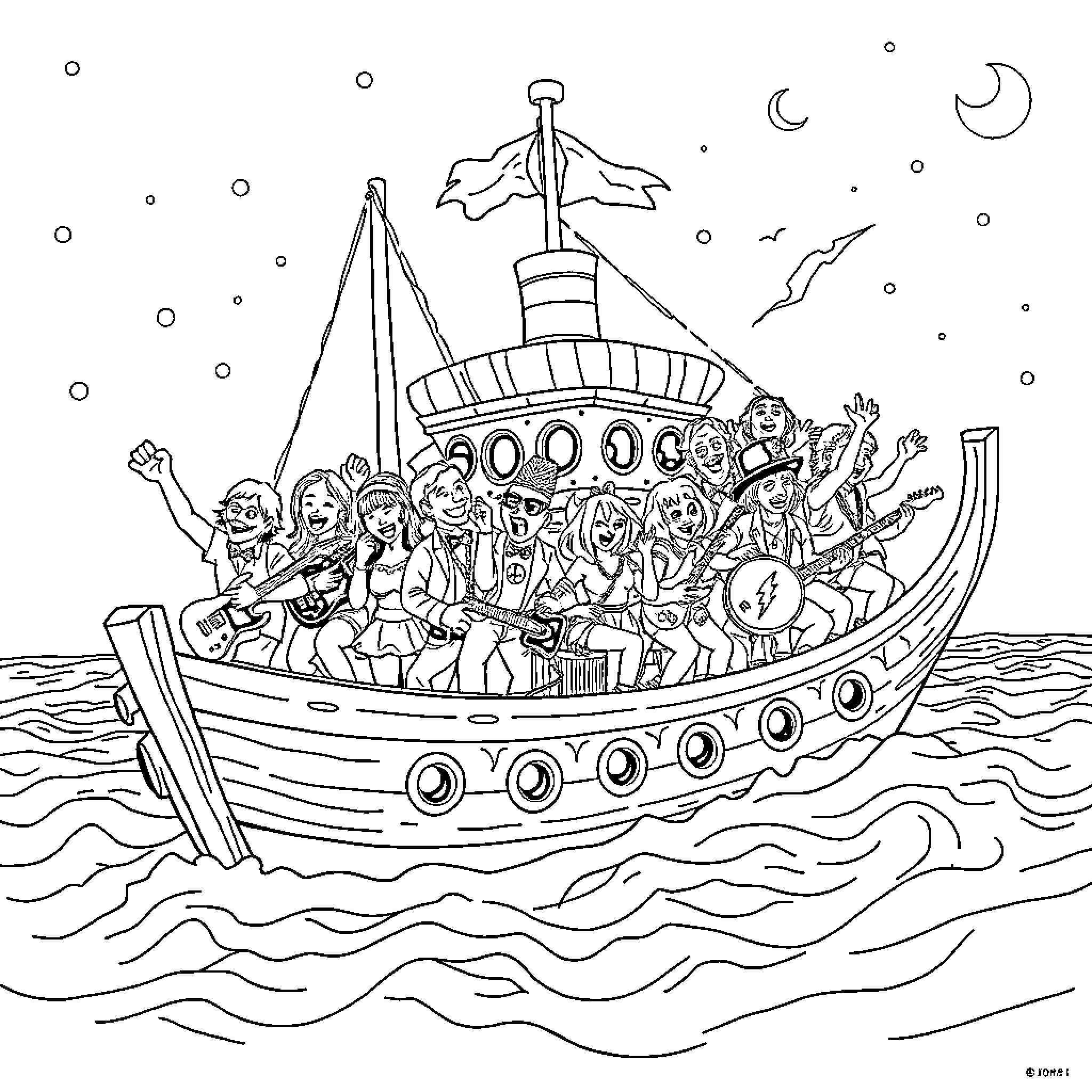 Ship of Joyful Passengers Sailing at Night Coloring Page (free black-and-white line drawing printable PDF for all, from beginners to advanced learners, including children, teens, adults, and seniors)