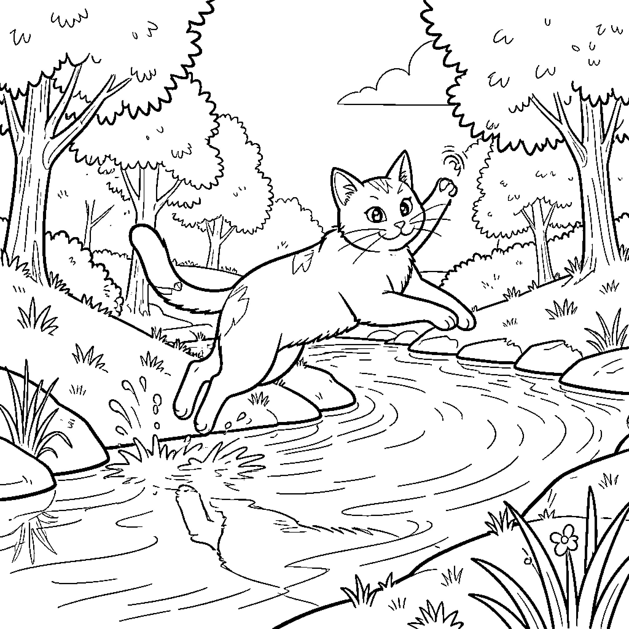 Cat playing in the forest stream Coloring Page (free black-and-white line drawing printable PDF for all, from beginners to advanced learners, including children, teens, adults, and seniors)