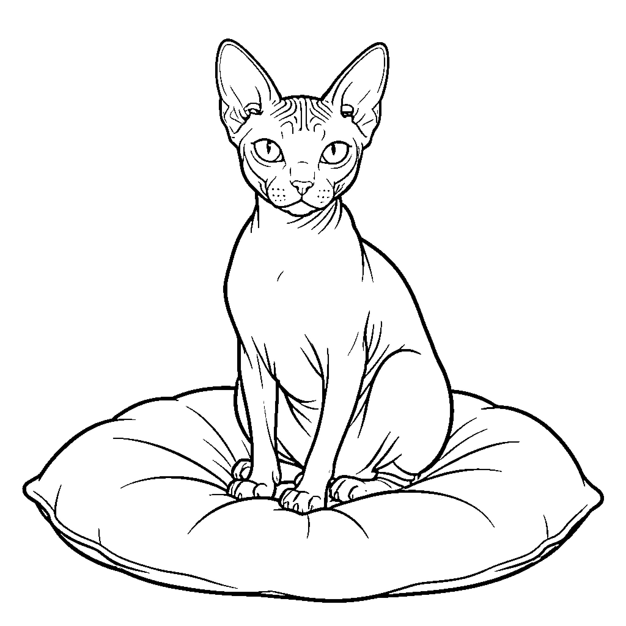 Sphynx cat sitting calmly on a soft cushion Coloring Page (free black-and-white line drawing printable PDF for all, from beginners to advanced learners, including children, teens, adults, and seniors)