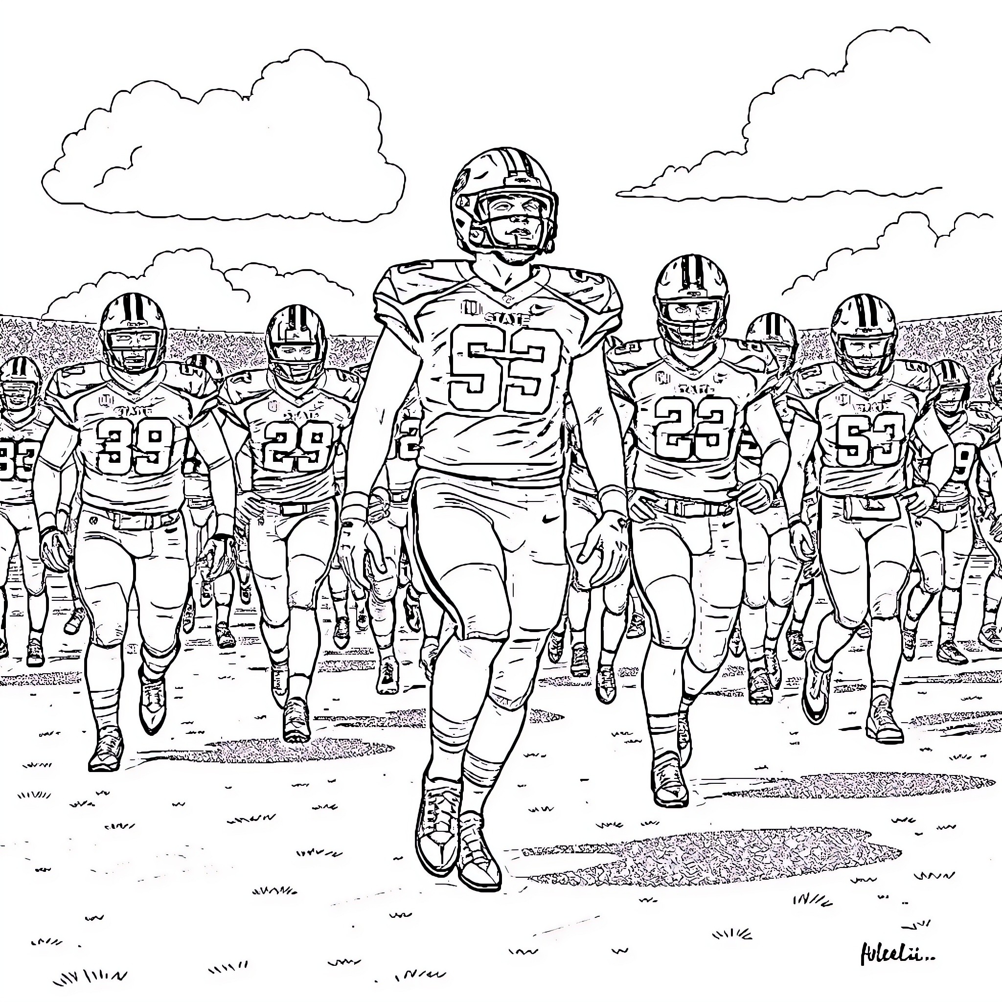Iowa State football team in action on the field Coloring Page (free black-and-white line drawing printable PDF for all, from beginners to advanced learners, including children, teens, adults, and seniors)
