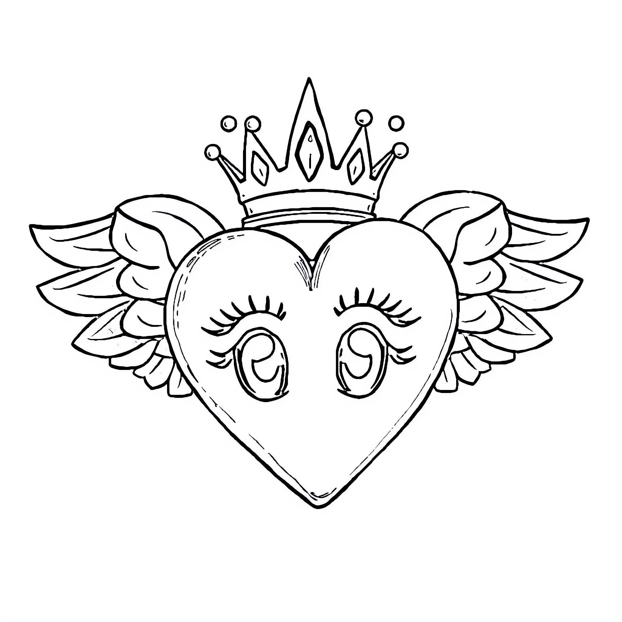 Heart with Winged Crown and Eyelashes Coloring Page (free black-and-white line drawing printable PDF for all, from beginners to advanced learners, including children, teens, adults, and seniors)