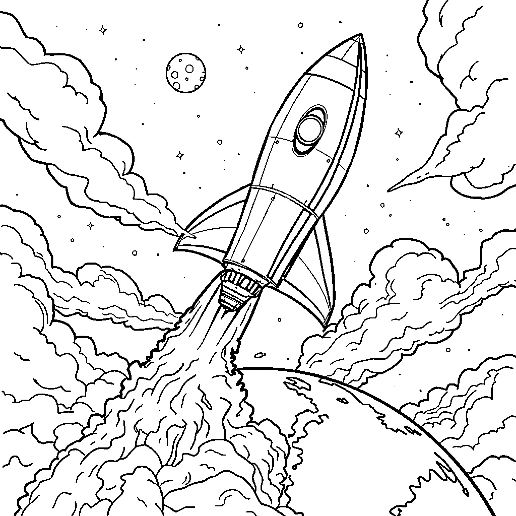 Spaceship blasting off into the starry night sky Coloring Page (free black-and-white line drawing printable PDF for all, from beginners to advanced learners, including children, teens, adults, and seniors)
