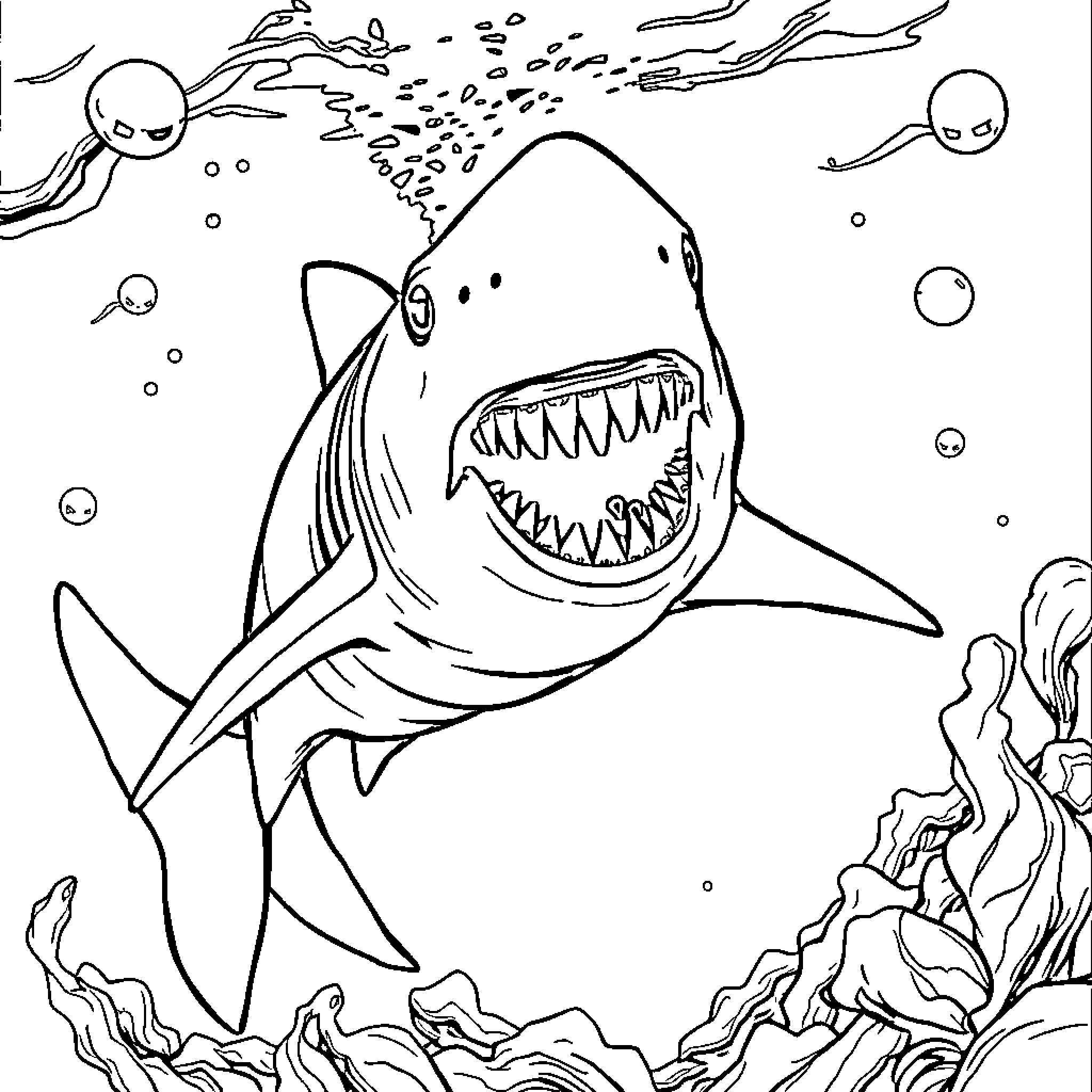 Shark attacking with fierce jaws underwater Coloring Page (free black-and-white line drawing printable PDF for all, from beginners to advanced learners, including children, teens, adults, and seniors)