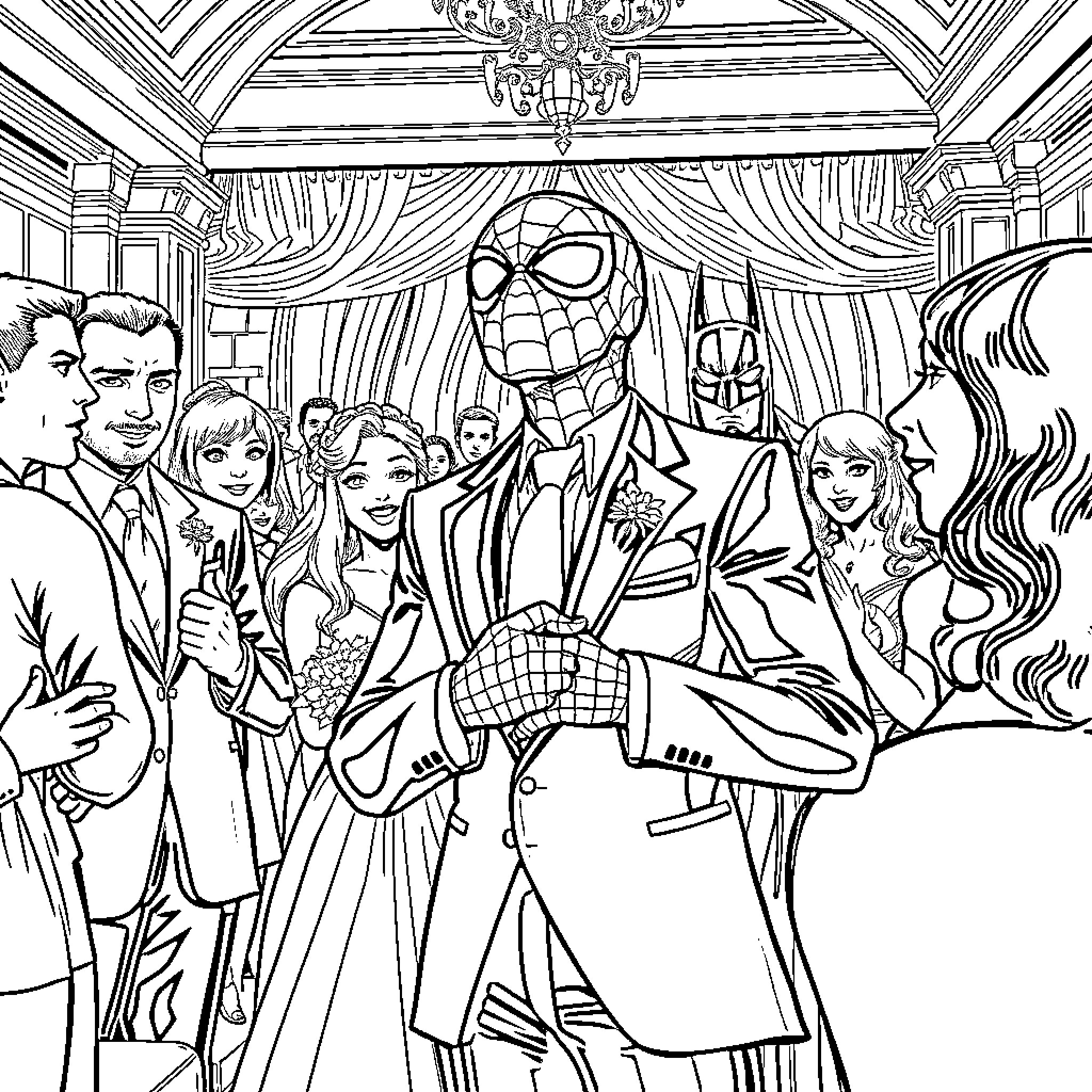 Spider-Man attends a formal event with friends Coloring Page (free black-and-white line drawing printable PDF for all, from beginners to advanced learners, including children, teens, adults, and seniors)