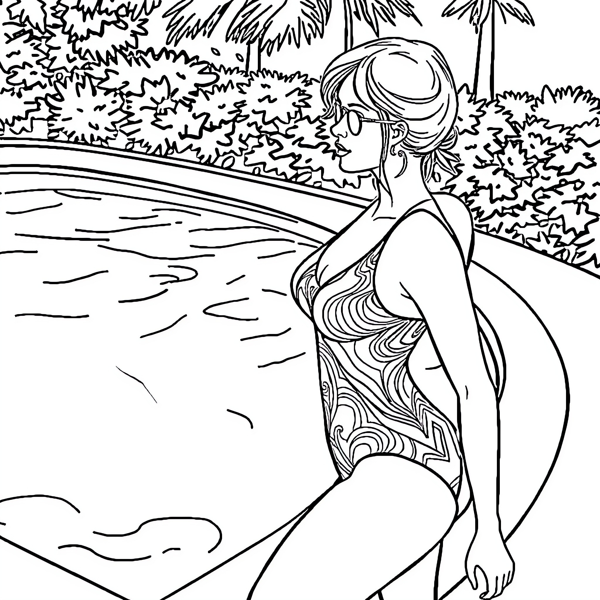 Woman relaxing by a tropical beach Coloring Page (free black-and-white line drawing printable PDF for all, from beginners to advanced learners, including children, teens, adults, and seniors)