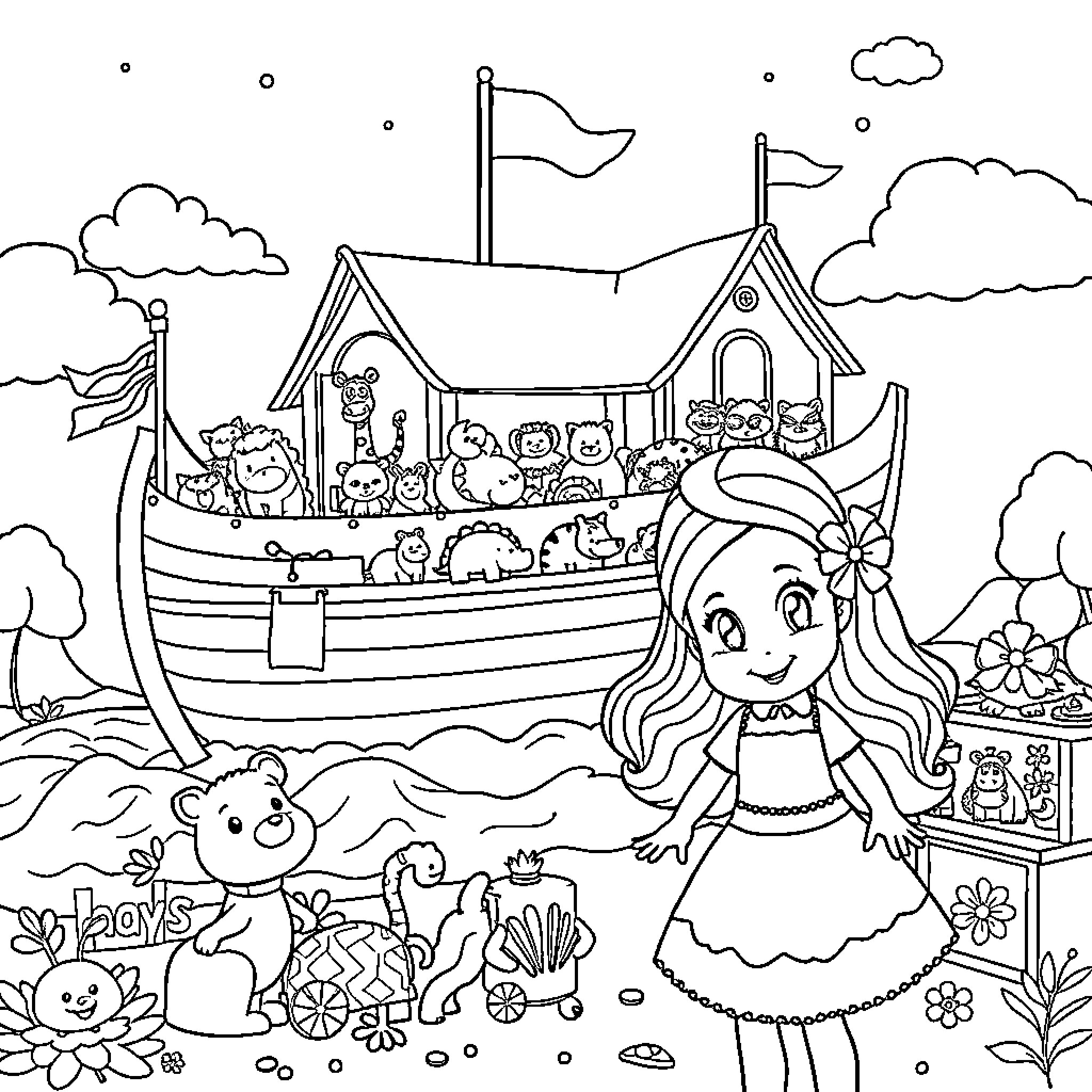 Noah's Ark with Joyful Animals and Girl Coloring Page (free black-and-white line drawing printable PDF for all, from beginners to advanced learners, including children, teens, adults, and seniors)