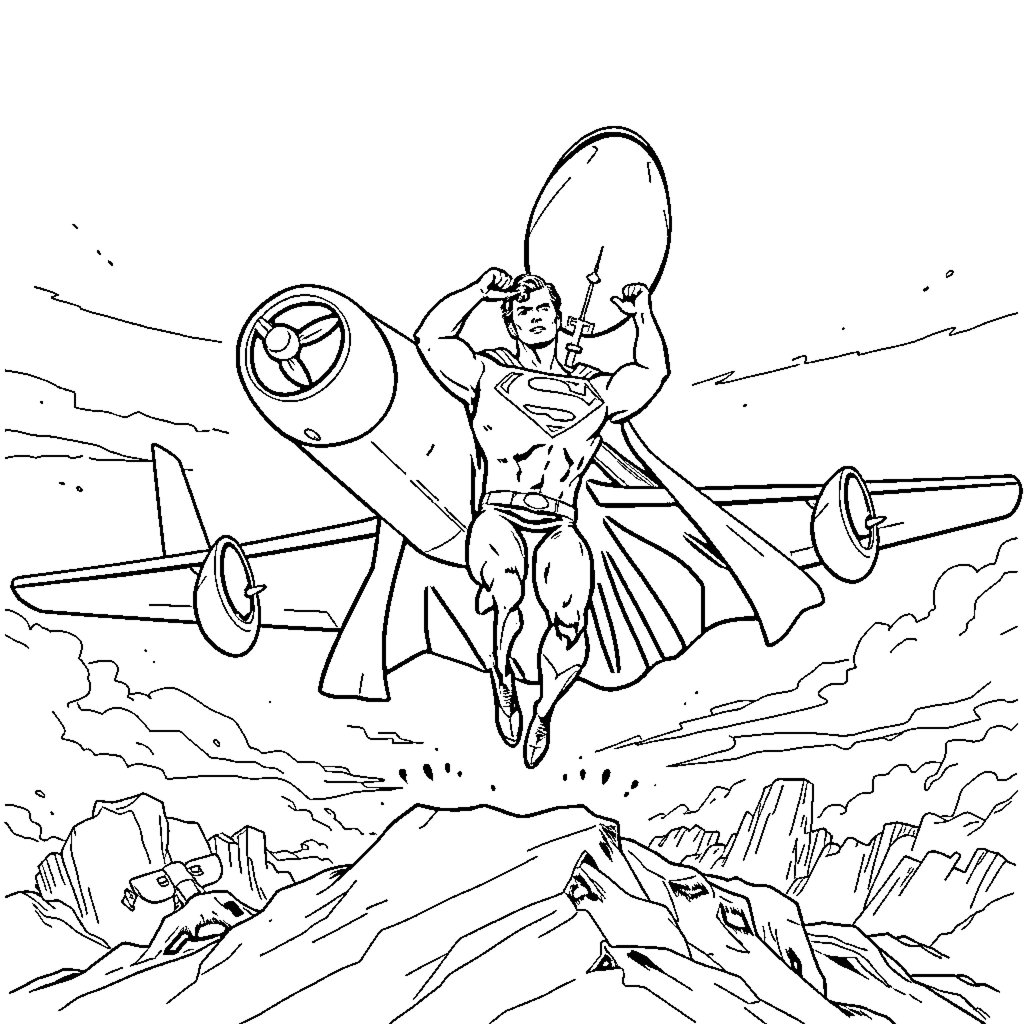 Superman soaring through the sky with jet fighter Coloring Page (free black-and-white line drawing printable PDF for all, from beginners to advanced learners, including children, teens, adults, and seniors)