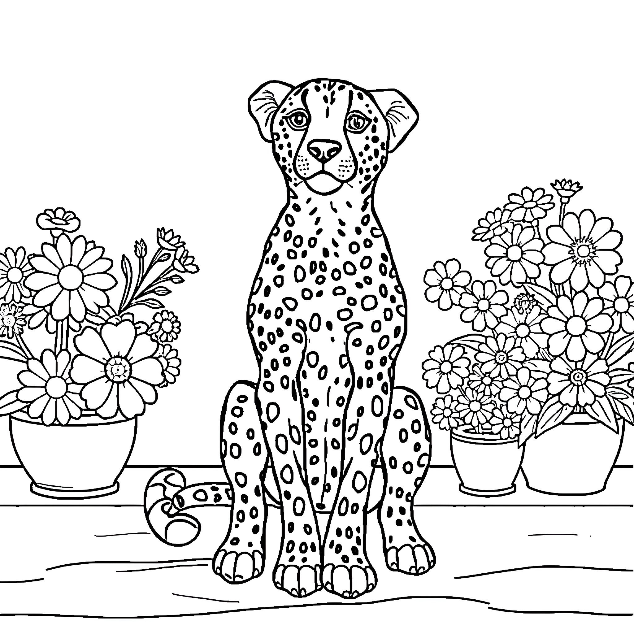Dog Sitting Amidst Flower Pots and Blooms Coloring Page (free black-and-white line drawing printable PDF for all, from beginners to advanced learners, including children, teens, adults, and seniors)