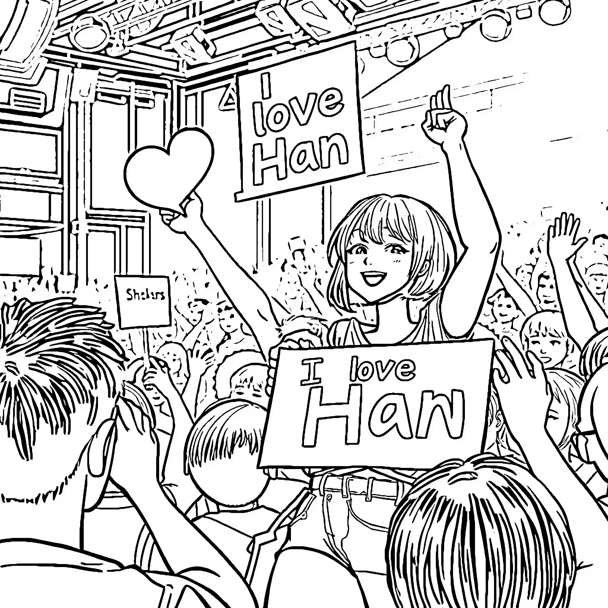 Girl cheering happily at a fan event Coloring Page (free black-and-white line drawing printable PDF for all, from beginners to advanced learners, including children, teens, adults, and seniors)