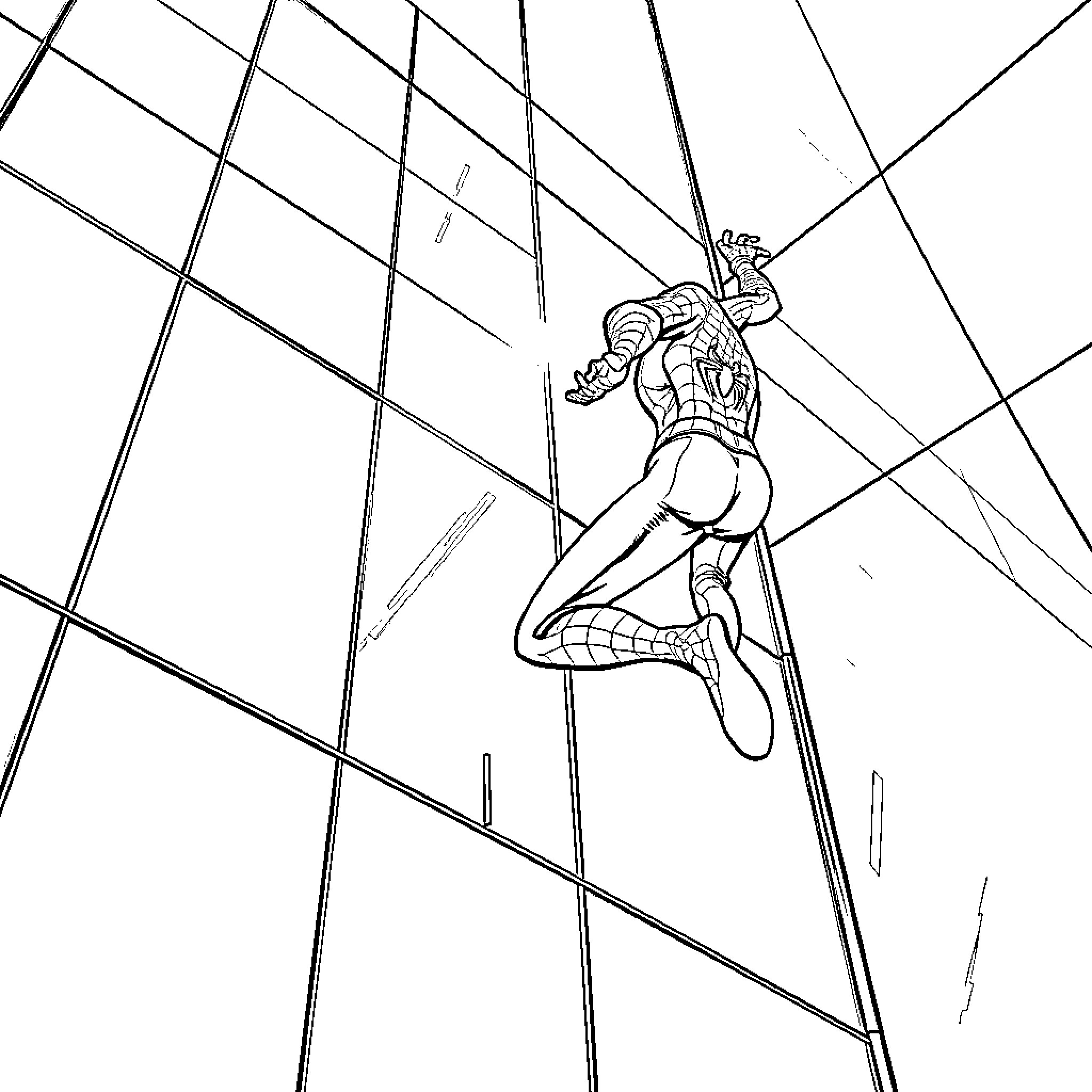 Spiderman swinging through the city Coloring Page (free black-and-white line drawing printable PDF for all, from beginners to advanced learners, including children, teens, adults, and seniors)