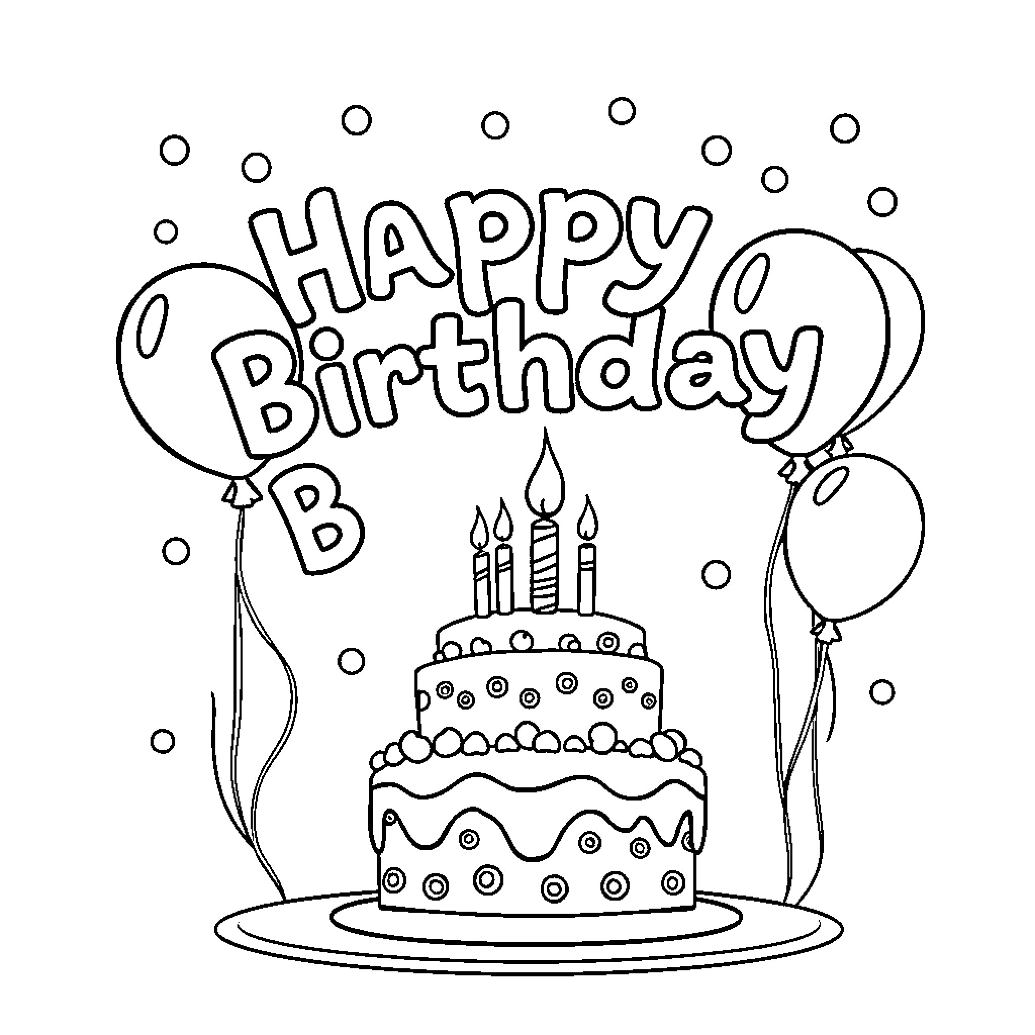 Birthday celebration with cake and balloons Coloring Page (free black-and-white line drawing printable PDF for all, from beginners to advanced learners, including children, teens, adults, and seniors)