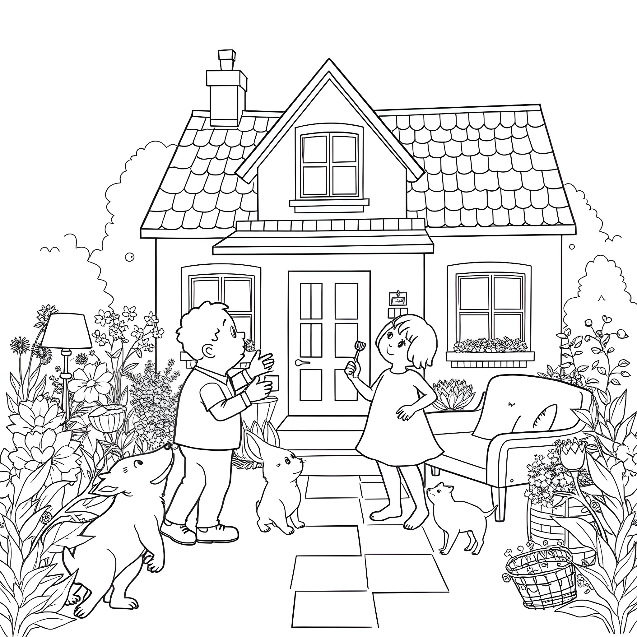 Findus playing with friends in the garden Coloring Page (free black-and-white line drawing printable PDF for all, from beginners to advanced learners, including children, teens, adults, and seniors)