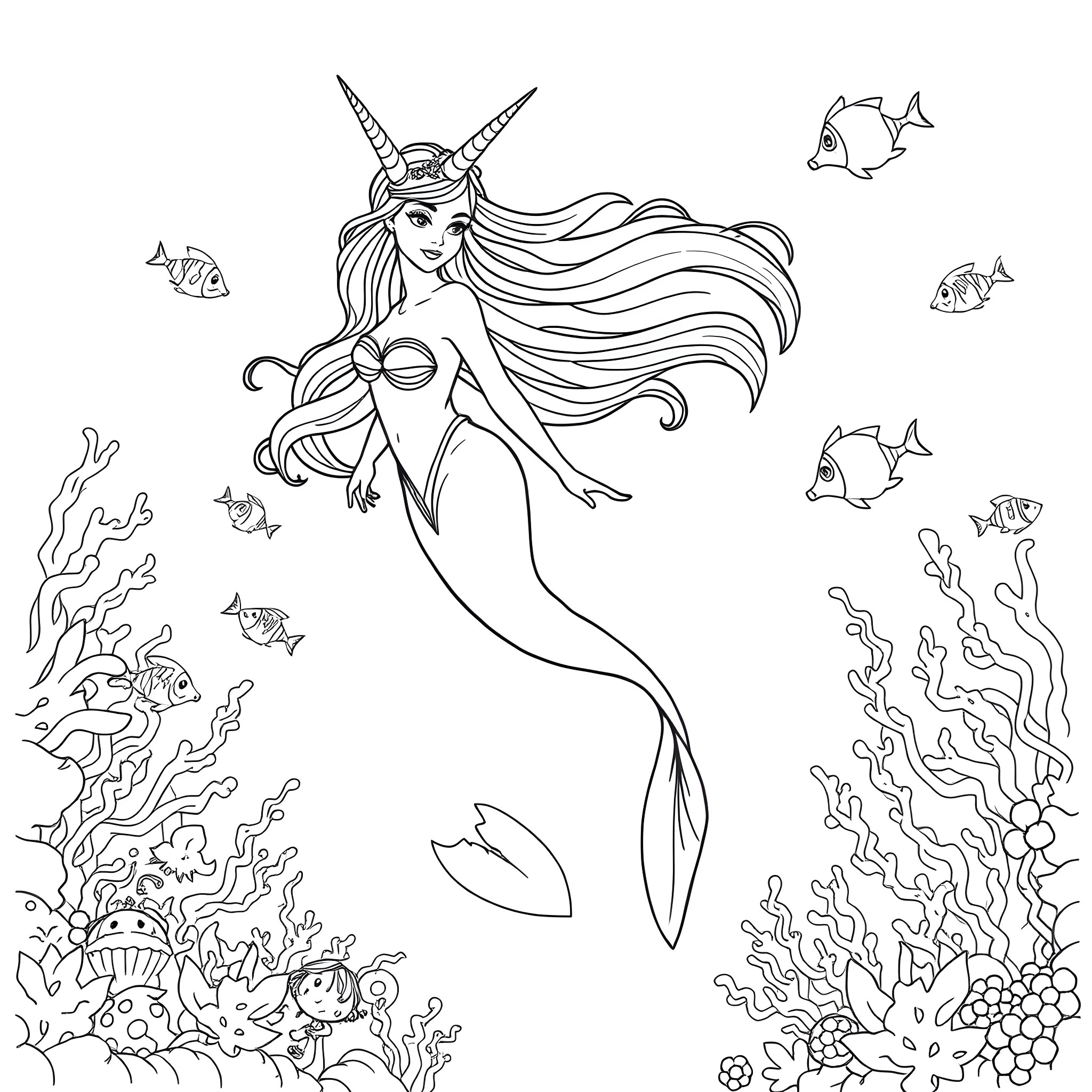 Mermaid with long flowing hair swimming among colorful fish Coloring Page (free black-and-white line drawing printable PDF for all, from beginners to advanced learners, including children, teens, adults, and seniors)