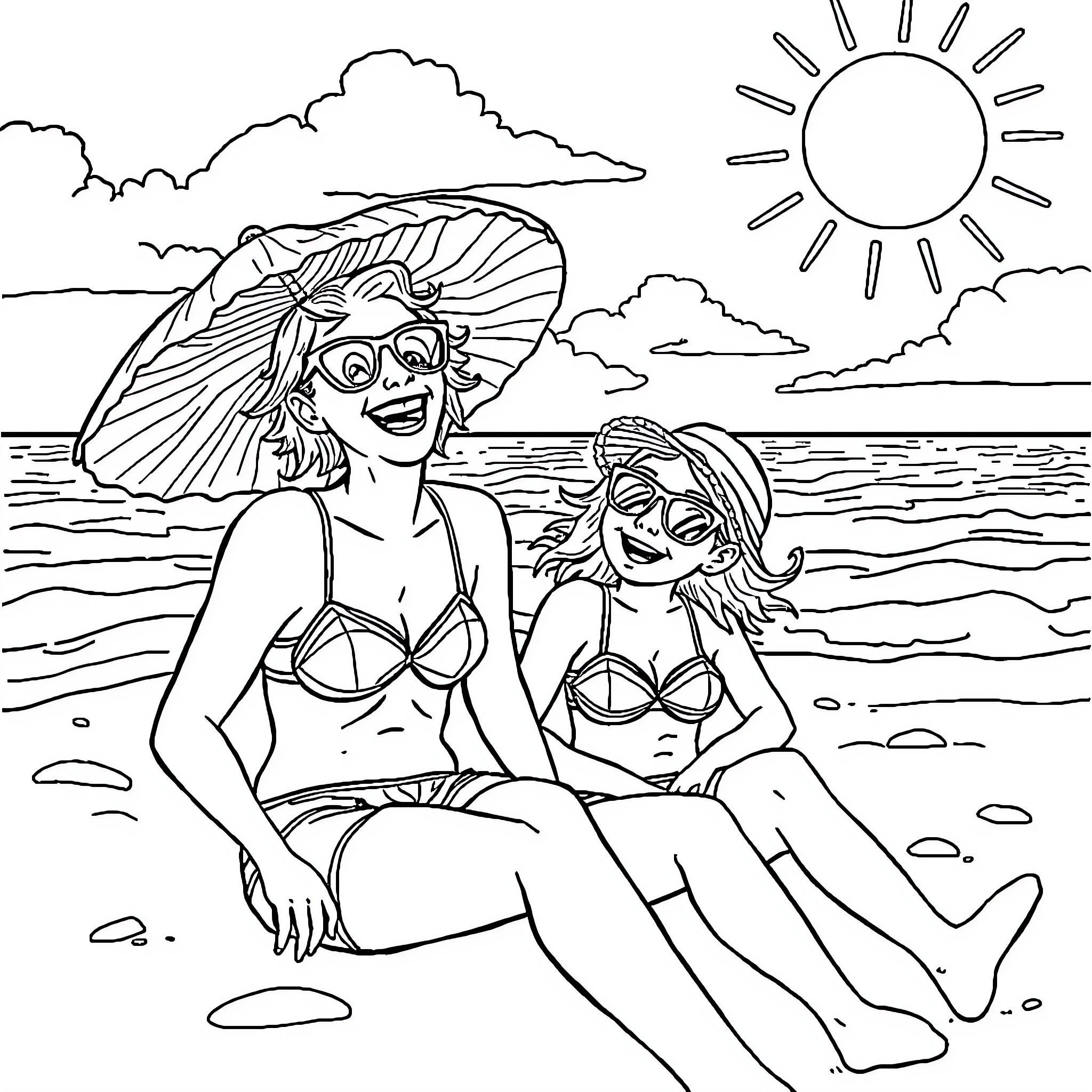 Summer friends relaxing on the beach Coloring Page (free black-and-white line drawing printable PDF for all, from beginners to advanced learners, including children, teens, adults, and seniors)