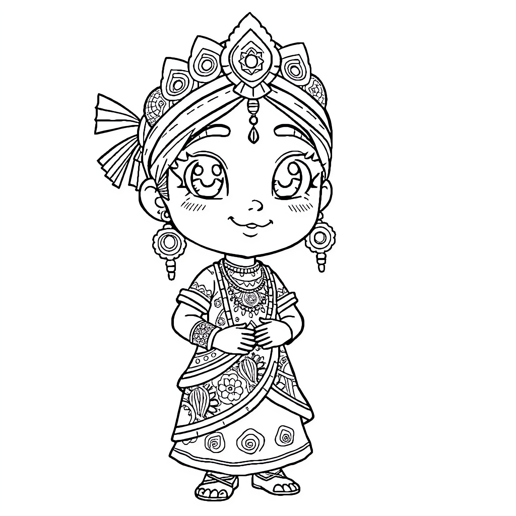 Anime Girl in Traditional Costume Coloring Page (free black-and-white line drawing printable PDF for all, from beginners to advanced learners, including children, teens, adults, and seniors)