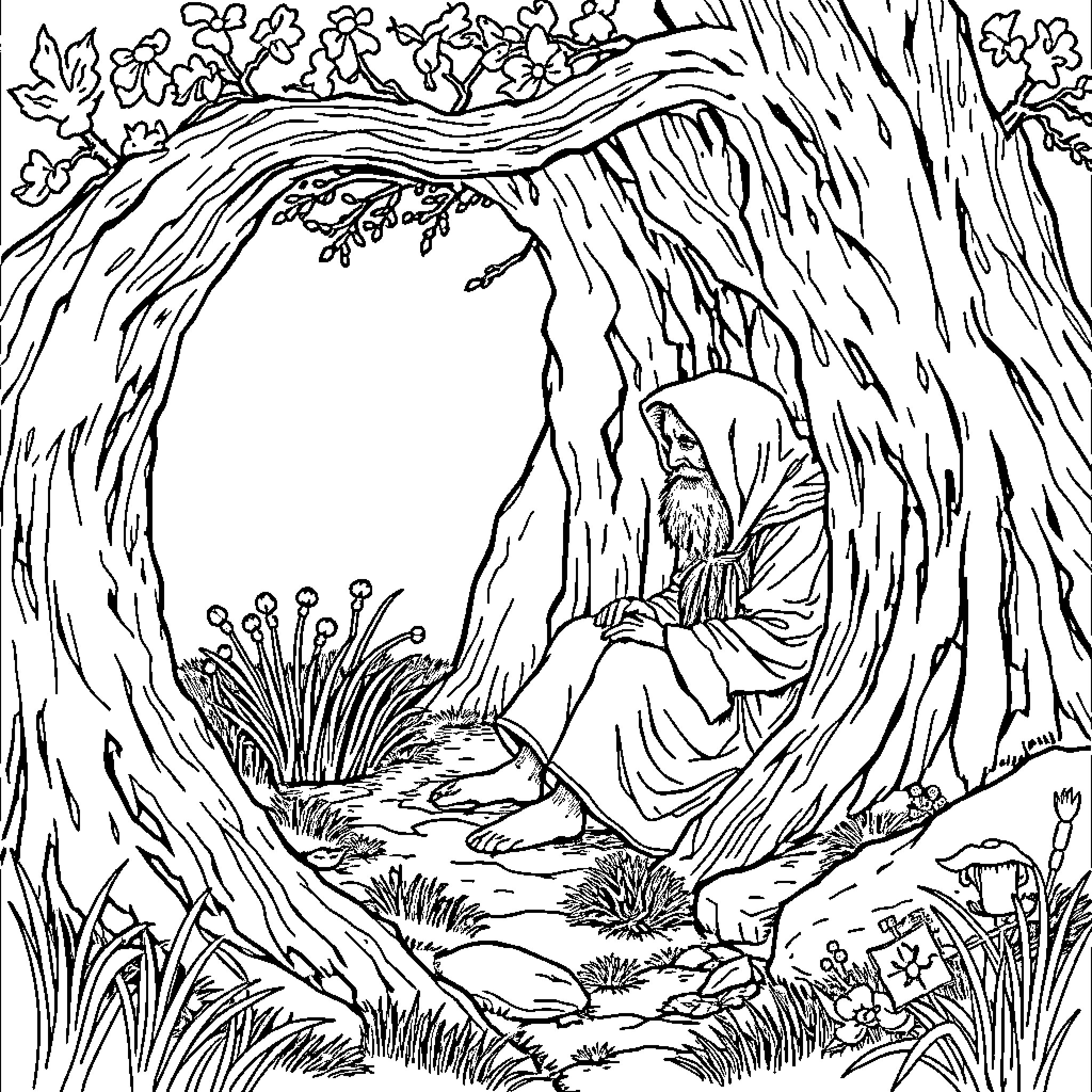 Hermit contemplating nature in a serene forest setting Coloring Page (free black-and-white line drawing printable PDF for all, from beginners to advanced learners, including children, teens, adults, and seniors)
