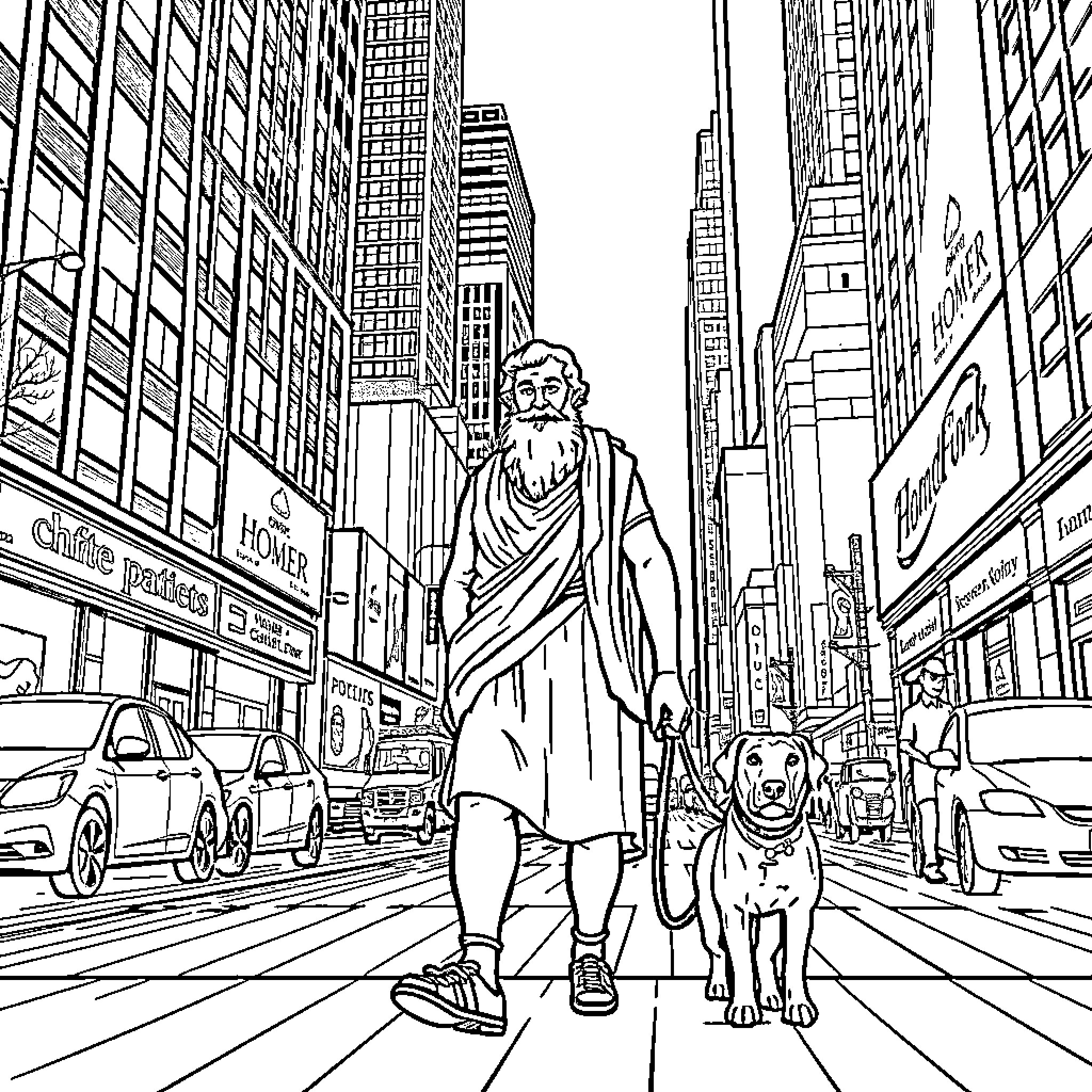 Homer strolling through bustling urban cityscape with canine companion Coloring Page (free black-and-white line drawing printable PDF for all, from beginners to advanced learners, including children, teens, adults, and seniors)
