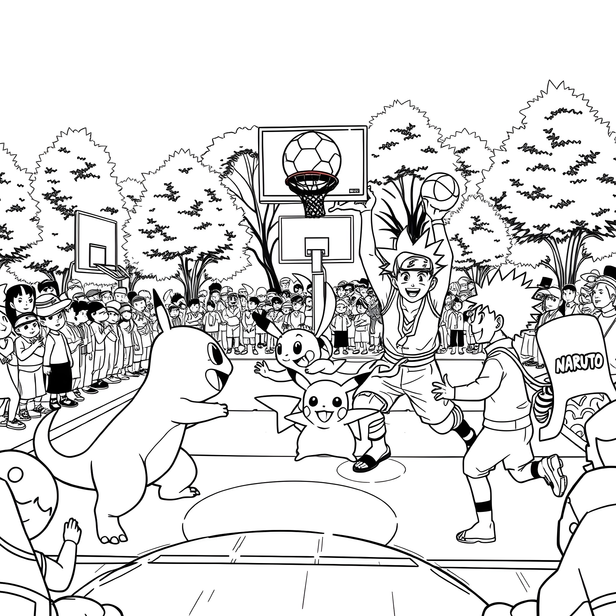 Character Basketball Game in Woodland Scene Coloring Page (free black-and-white line drawing printable PDF for all, from beginners to advanced learners, including children, teens, adults, and seniors)