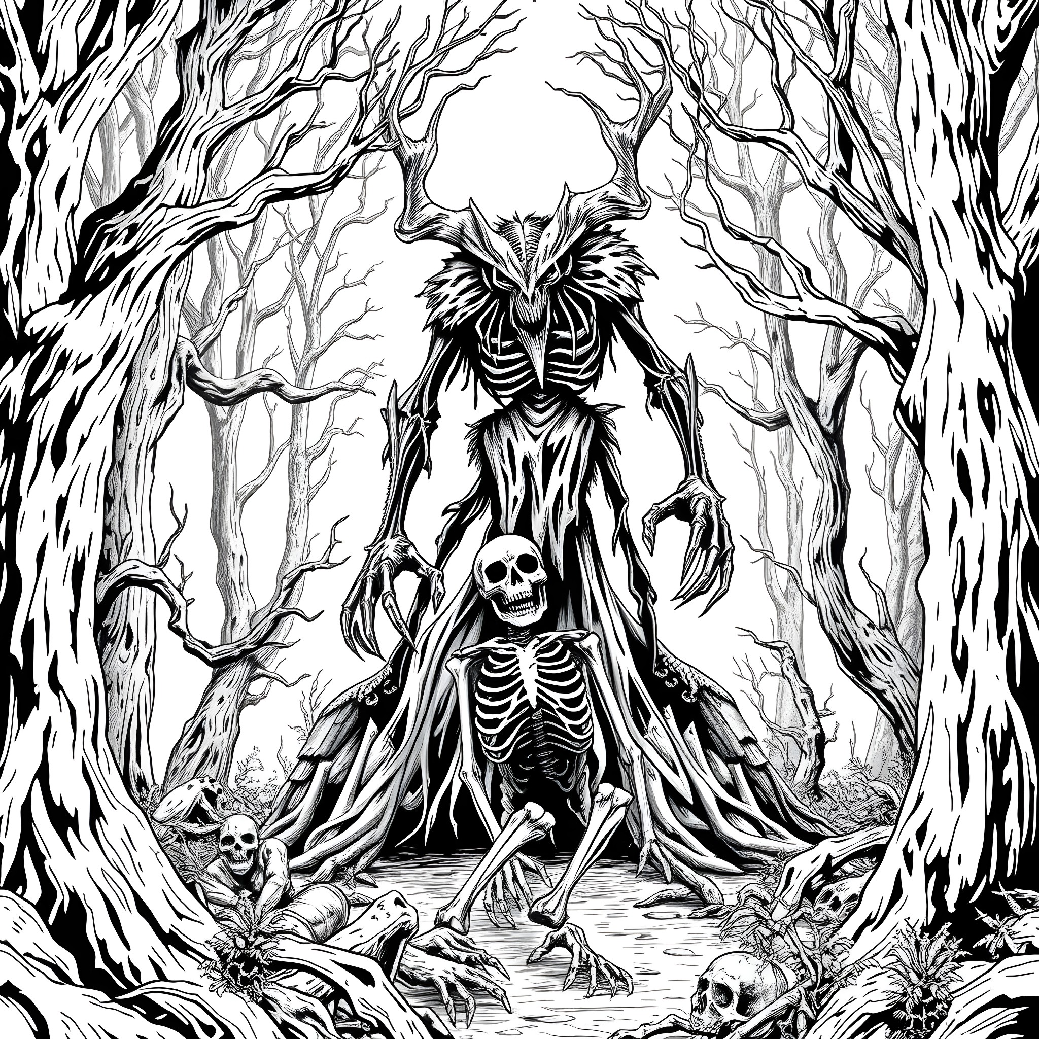 Wendigo Haunting the Cursed Forest Coloring Page (free black-and-white line drawing printable PDF for all, from beginners to advanced learners, including children, teens, adults, and seniors)
