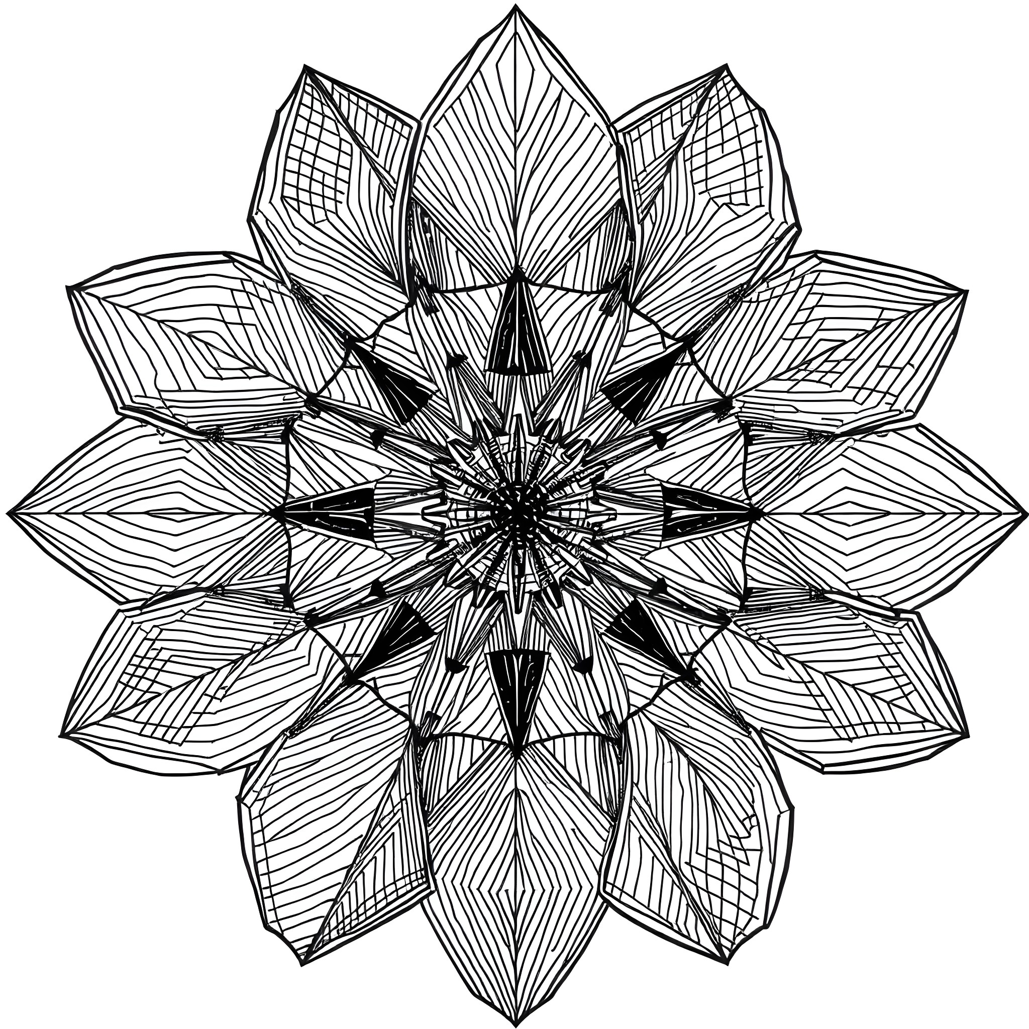 Patchwork geometric flower with intricate patterns Coloring Page (free black-and-white line drawing printable PDF for all, from beginners to advanced learners, including children, teens, adults, and seniors)