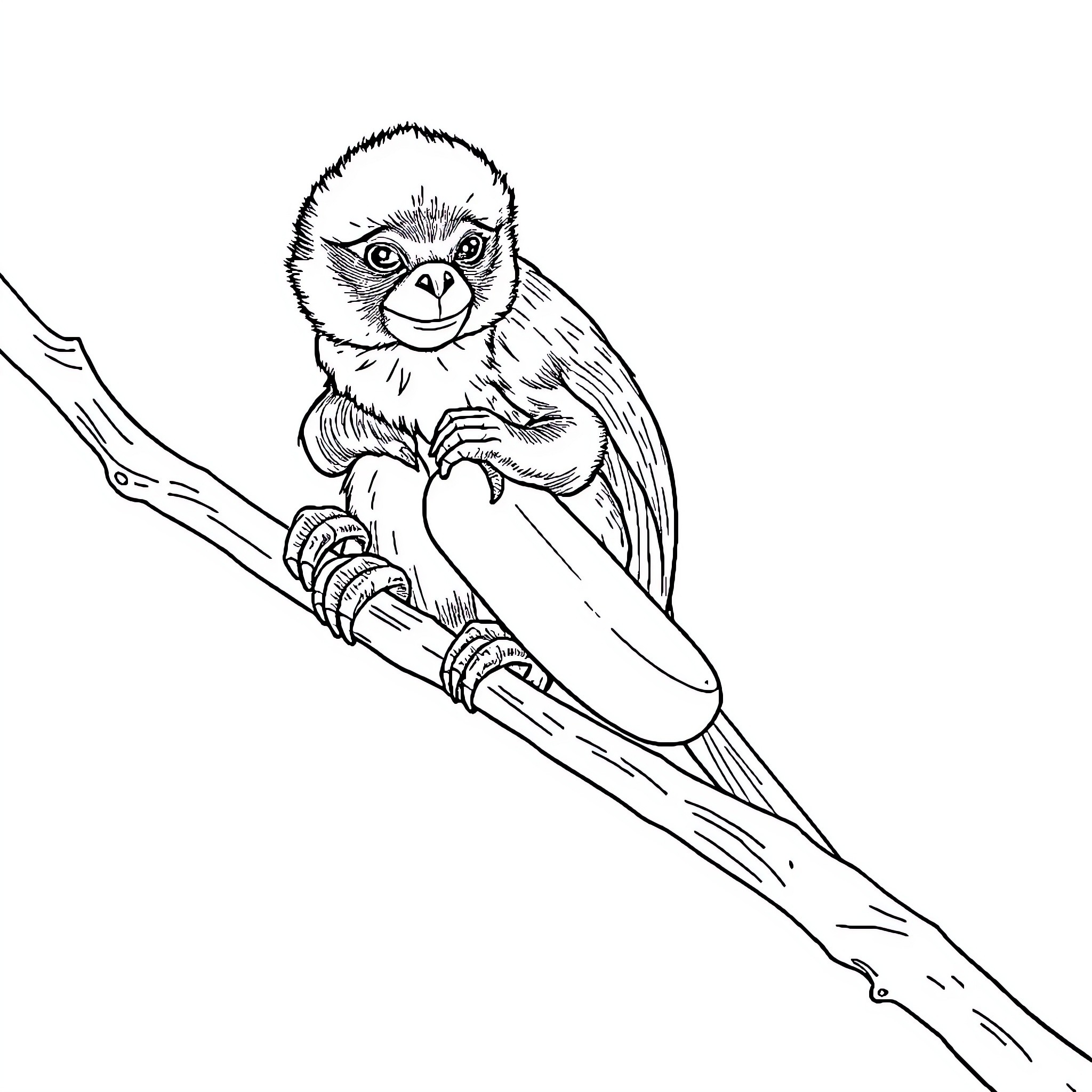 Monkey on a Curious Branch Coloring Page (free black-and-white line drawing printable PDF for all, from beginners to advanced learners, including children, teens, adults, and seniors)