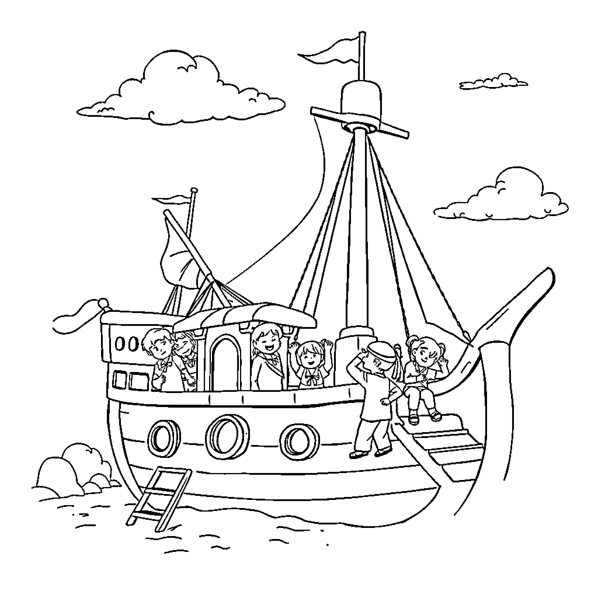 Child's adventure on a sailing ship Coloring Page (free black-and-white line drawing printable PDF for all, from beginners to advanced learners, including children, teens, adults, and seniors)