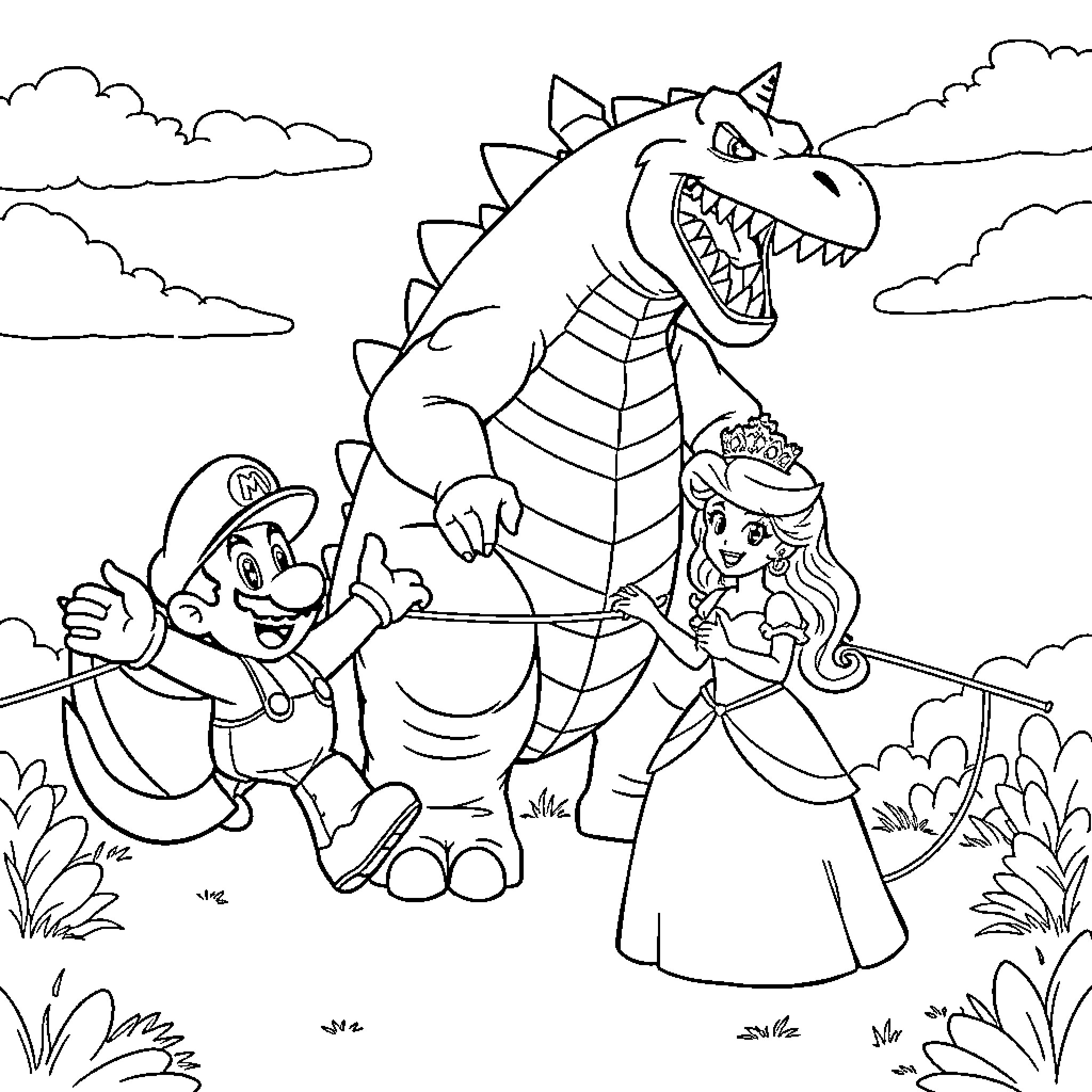 Super Mario and Princess Rescuing from Dinosaur Coloring Page (free black-and-white line drawing printable PDF for all, from beginners to advanced learners, including children, teens, adults, and seniors)