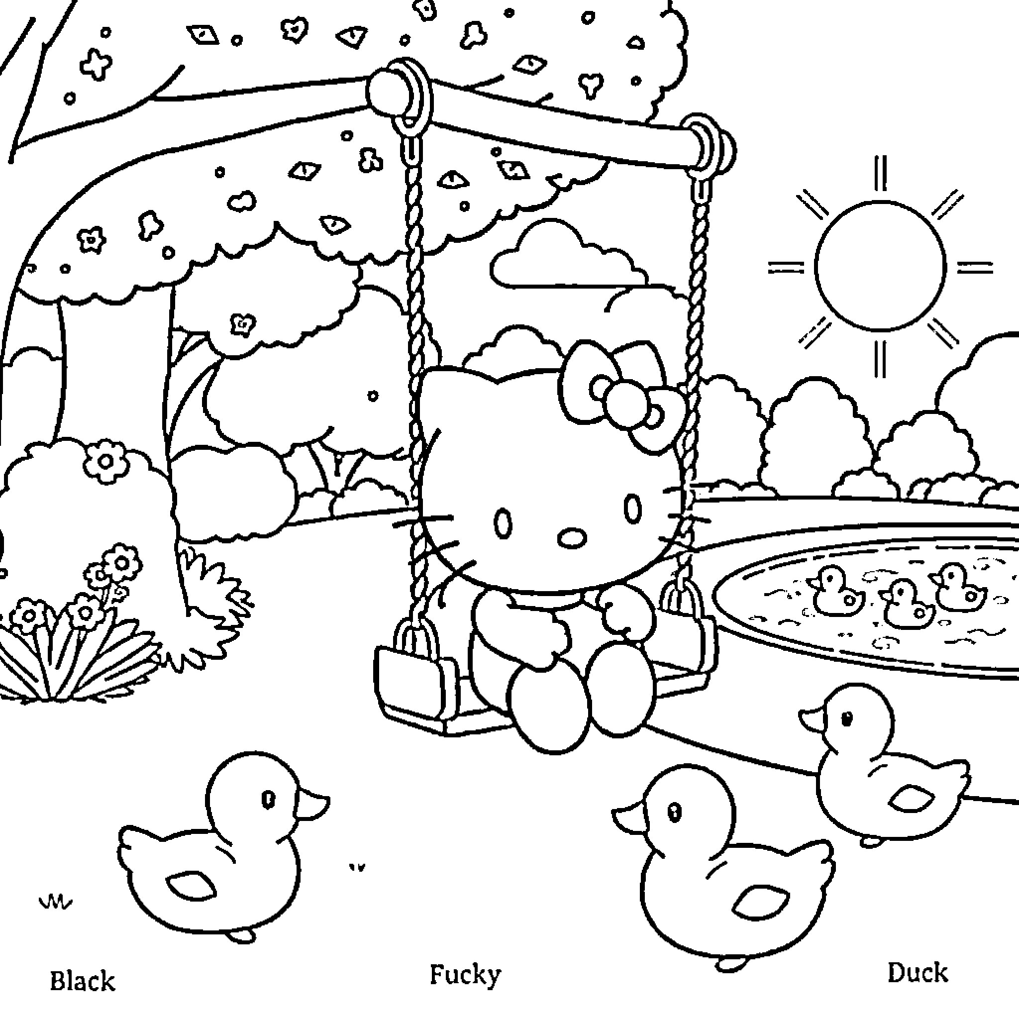 Hello Kitty playing on a swing in the park Coloring Page (free black-and-white line drawing printable PDF for all, from beginners to advanced learners, including children, teens, adults, and seniors)