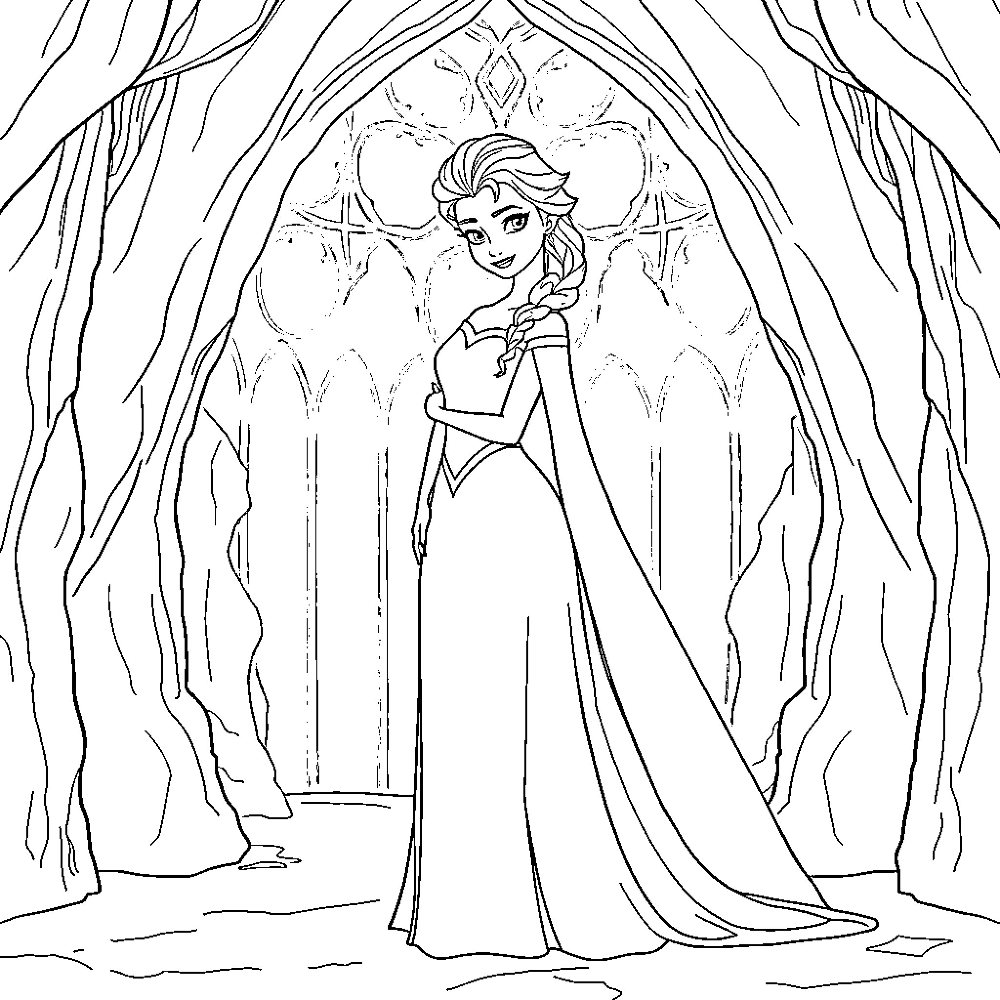 Elsa in a Regal Pose within an Icy Palace Coloring Page (free black-and-white line drawing printable PDF for all, from beginners to advanced learners, including children, teens, adults, and seniors)