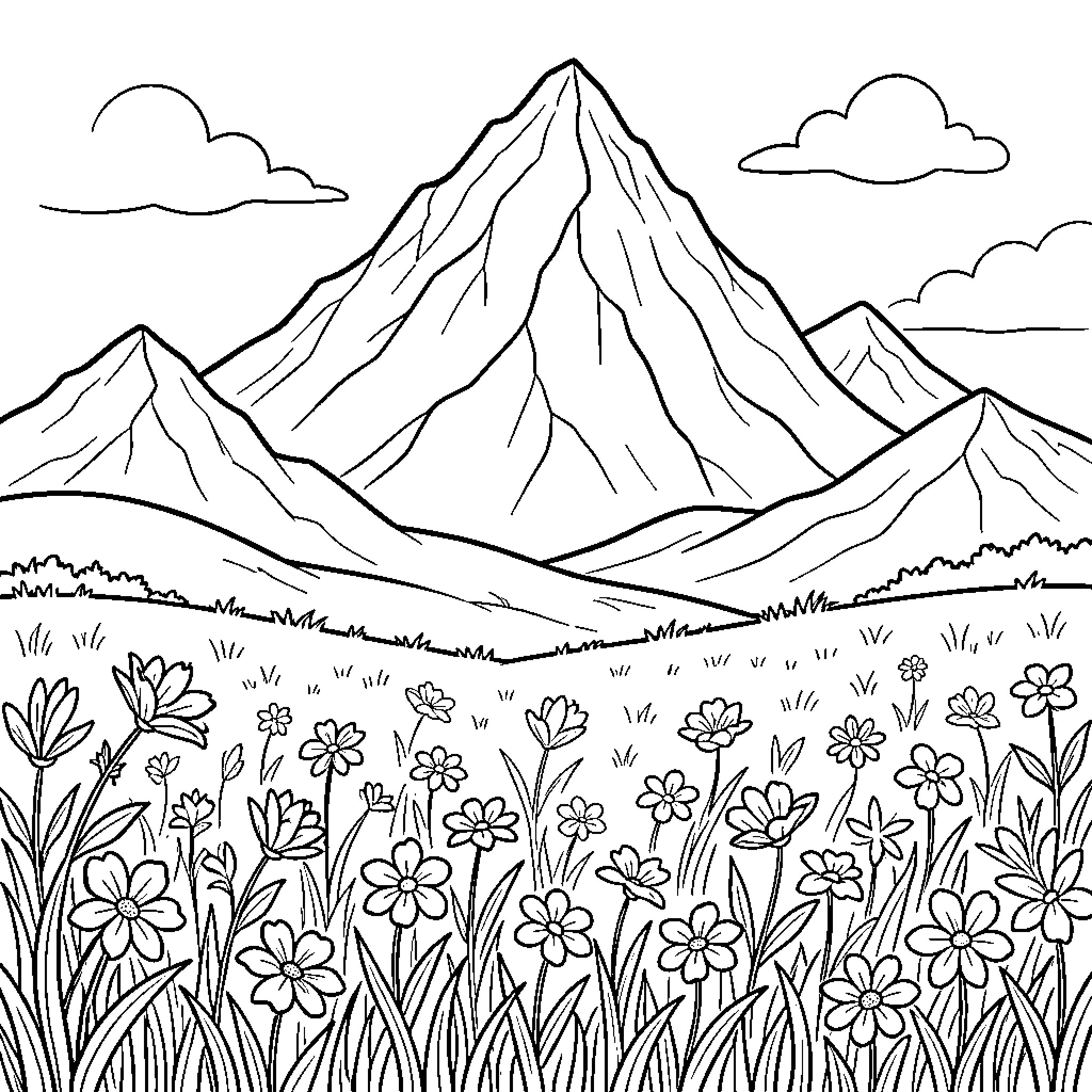 Mountain landscape featuring a blooming flower meadow Coloring Page (free black-and-white line drawing printable PDF for all, from beginners to advanced learners, including children, teens, adults, and seniors)