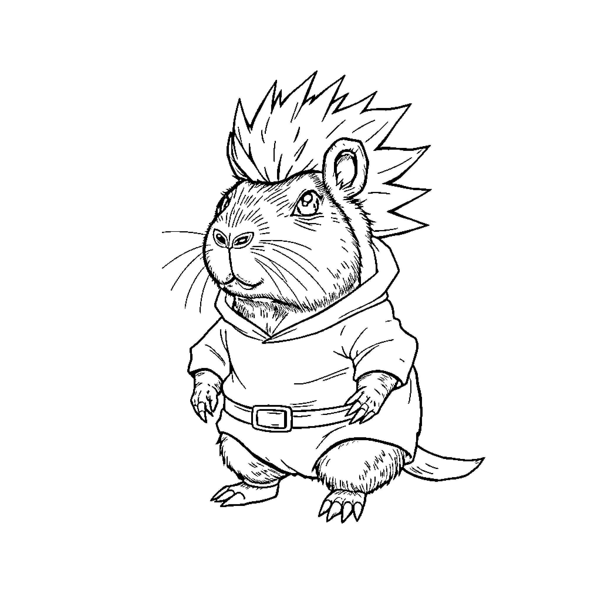 Capybara in punk rock attire Coloring Page (free black-and-white line drawing printable PDF for all, from beginners to advanced learners, including children, teens, adults, and seniors)